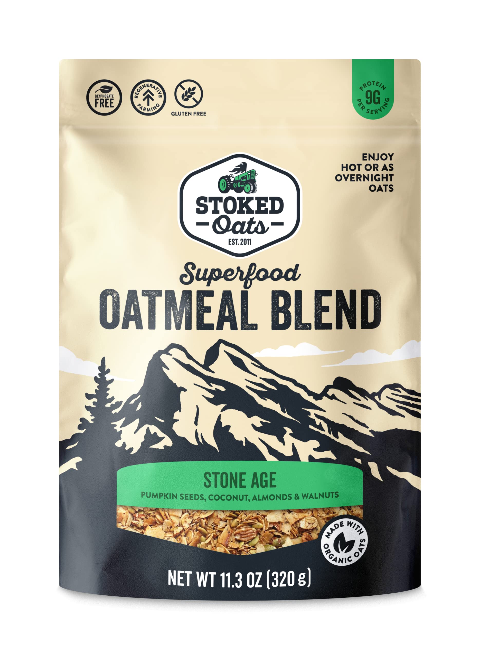 Stoked Oats - Stone Age High Protein, Low Sugar Breakfast - Gluten Free, High Fiber, Non GMO Oatmeal - Perfect for overnight oats (11.3oz)