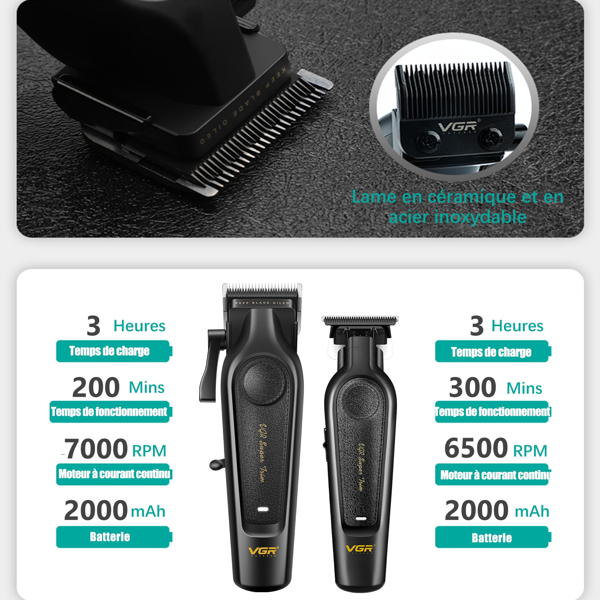 VGR 197 & 995 Tondeuse Cheveux Hommes Professionnel Sans Fil, Voyant LED | Tondeuse Cheveux et Barbe Homme Set avec Lames en Céramique, Barber Kit avec 10 Peignes de Guidage et Peigne