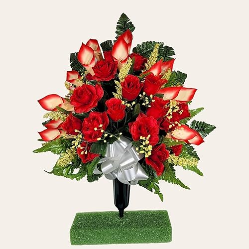 Miniatura 8 de Realistic Artificial Cemetery Flowers - Jumbo Silk Faux Floral Red Rose and Calla Lily Bouquet for Grave - 1 Large Headstone Decoration - Memorial