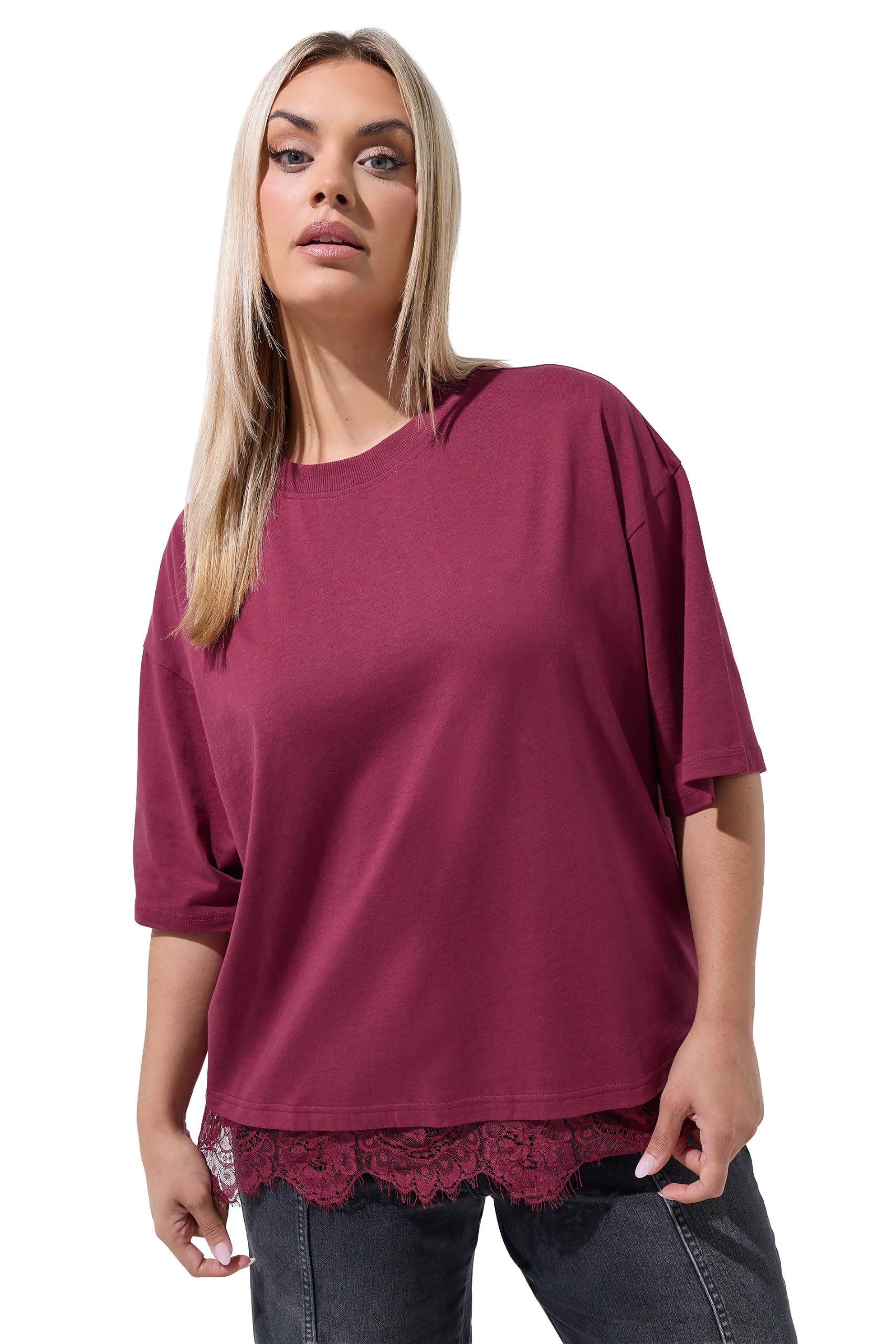 Yours Women's Burgundy Lace Hem T-Shirt In | : Size 20