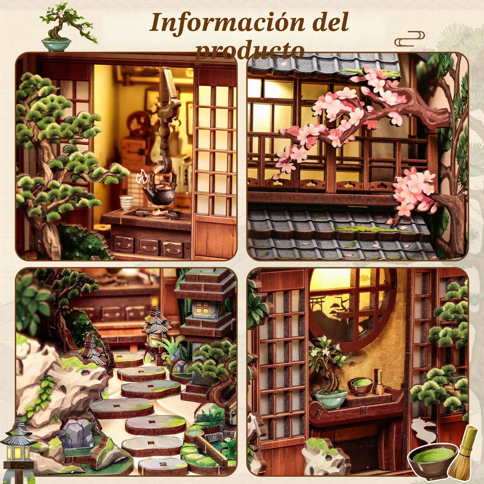 CUTEBEE Book Nook Kit - Kit de Casa de Muñecas para Adultos, Casa Miniatura Japonesa con Luz LED, Decoración para Estantería, (Serene Courtyard)