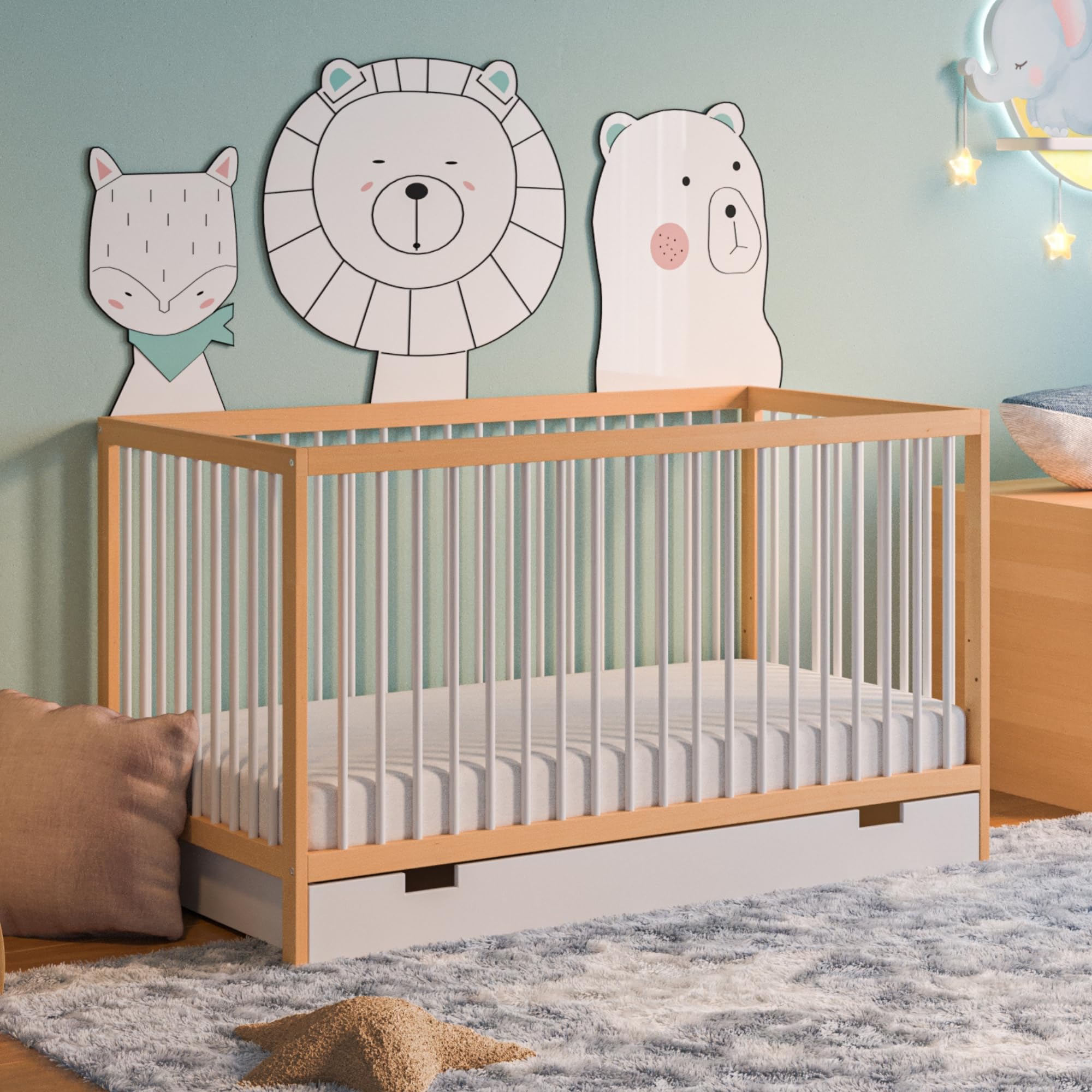 Kids Collective Culla con cassetto Culla 60x120 & 70x140 cm regolabile in altezza e con pioli estraibili Lettino per bambini | 70x140 cm legno di faggio bianco naturale molto robusta Made in Europe
