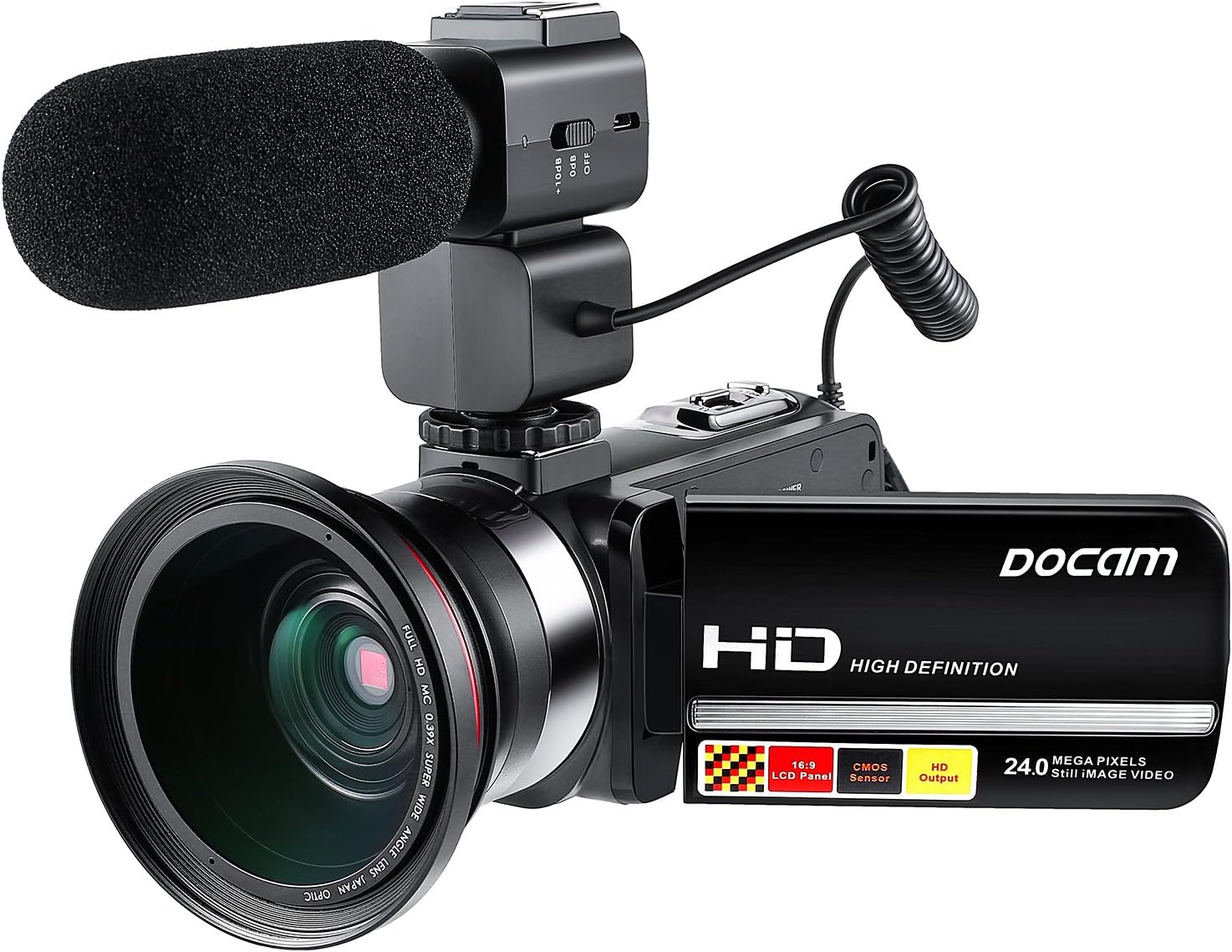 DOCAM 1080P Video Camcorder HD Night Vision Camera with External Microphone Wide Angle Lens