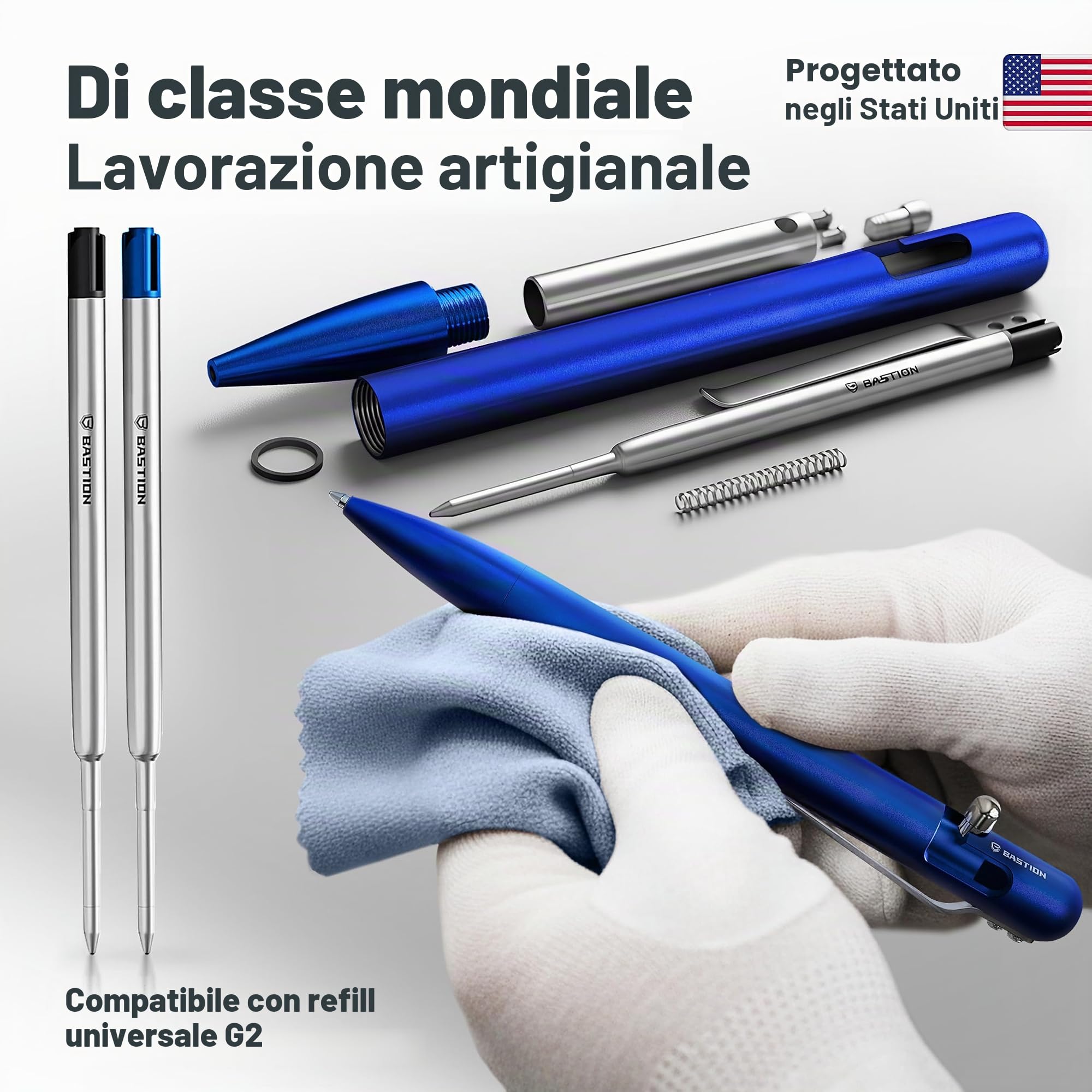 BASTION Penna leggera in alluminio (blu) Bolt Action | Inchiostro ricaricabile retrattile per ufficio penna regalo novità | Colore Metallo Luce