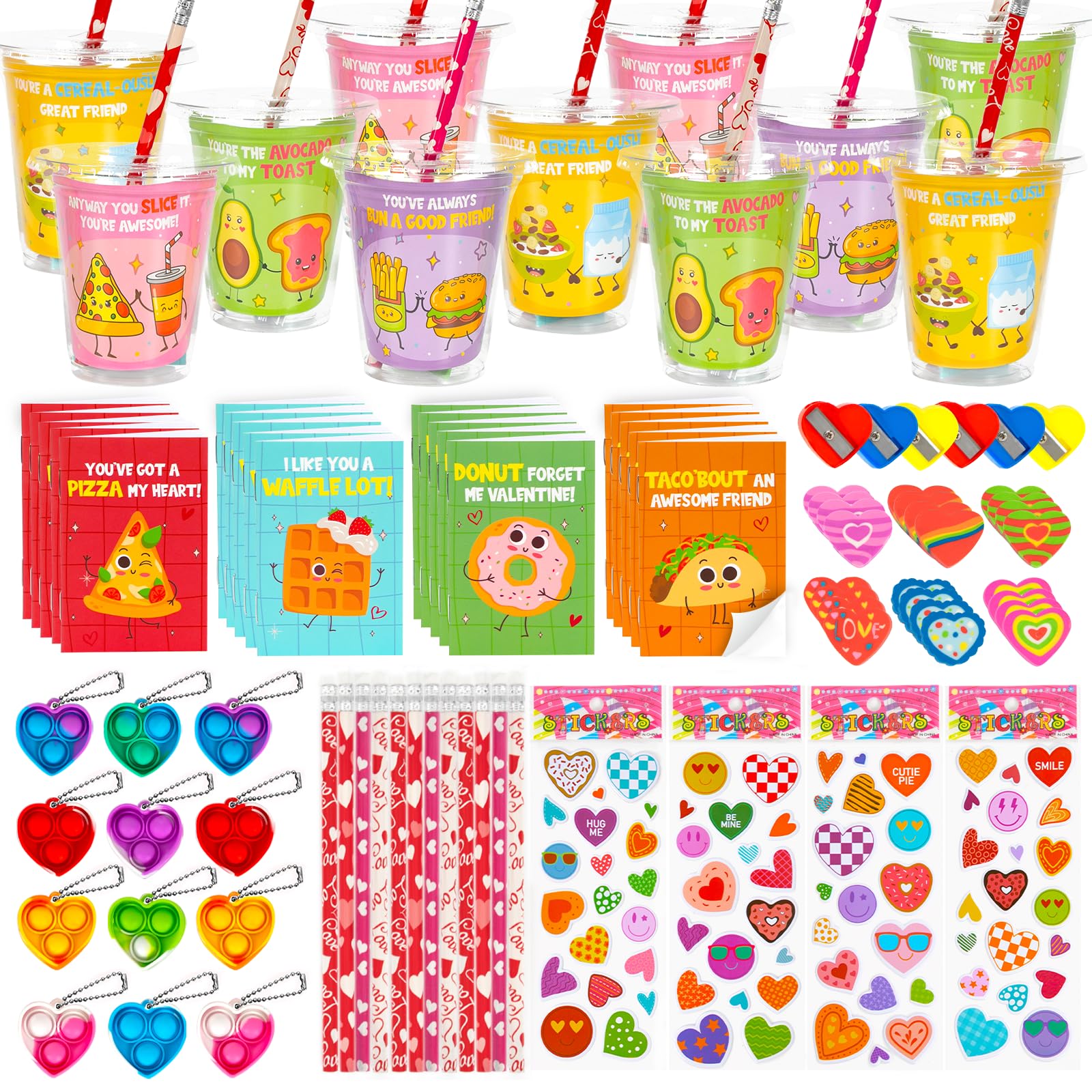 DAZONGE 24 Pack Valentines Day Gifts for Kids, Valentines Stationery Set with Pencil Notebook Pop Heart Keychain Sticker Eraser Sharpener, Valentines Day Cards for Kids Classroom Boys Girls