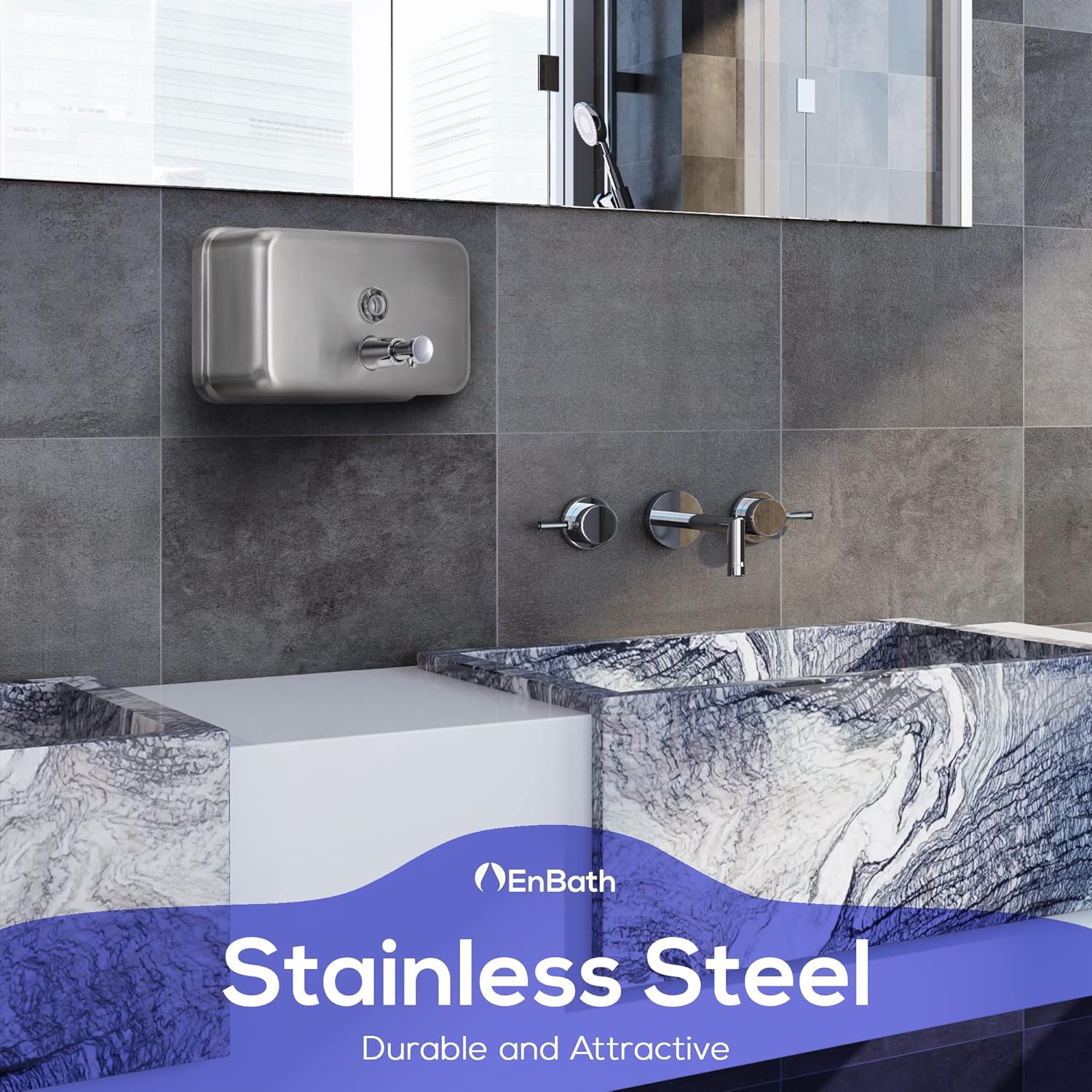 Commercial Soap Dispenser Wall Mount – Horizontal Stainless Steel Wall Mounted Soap Dispenser for Bathroom - New Superior Design with Anti-Leak Pump and Corrosion-Proof Lining- 37oz (1100ml) by EnBath - Image 3