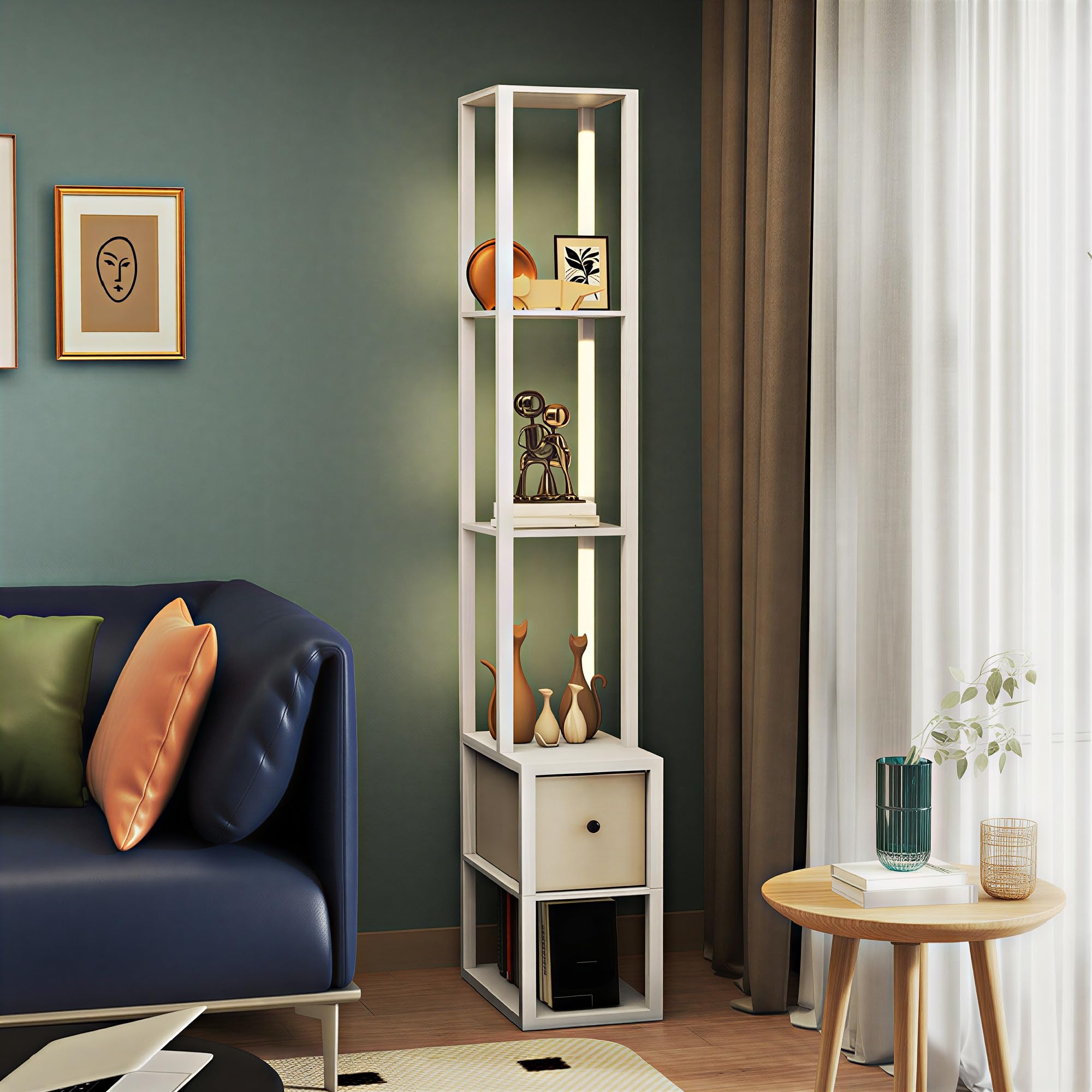 HOMCOM Lámpara de Pie Moderna 169 cm con Estantes Abiertos Lámpara de Pie para Salón con Interruptor de Pie y Cajón de Tela para Dormitorio Oficina Sala de Estar Blanco