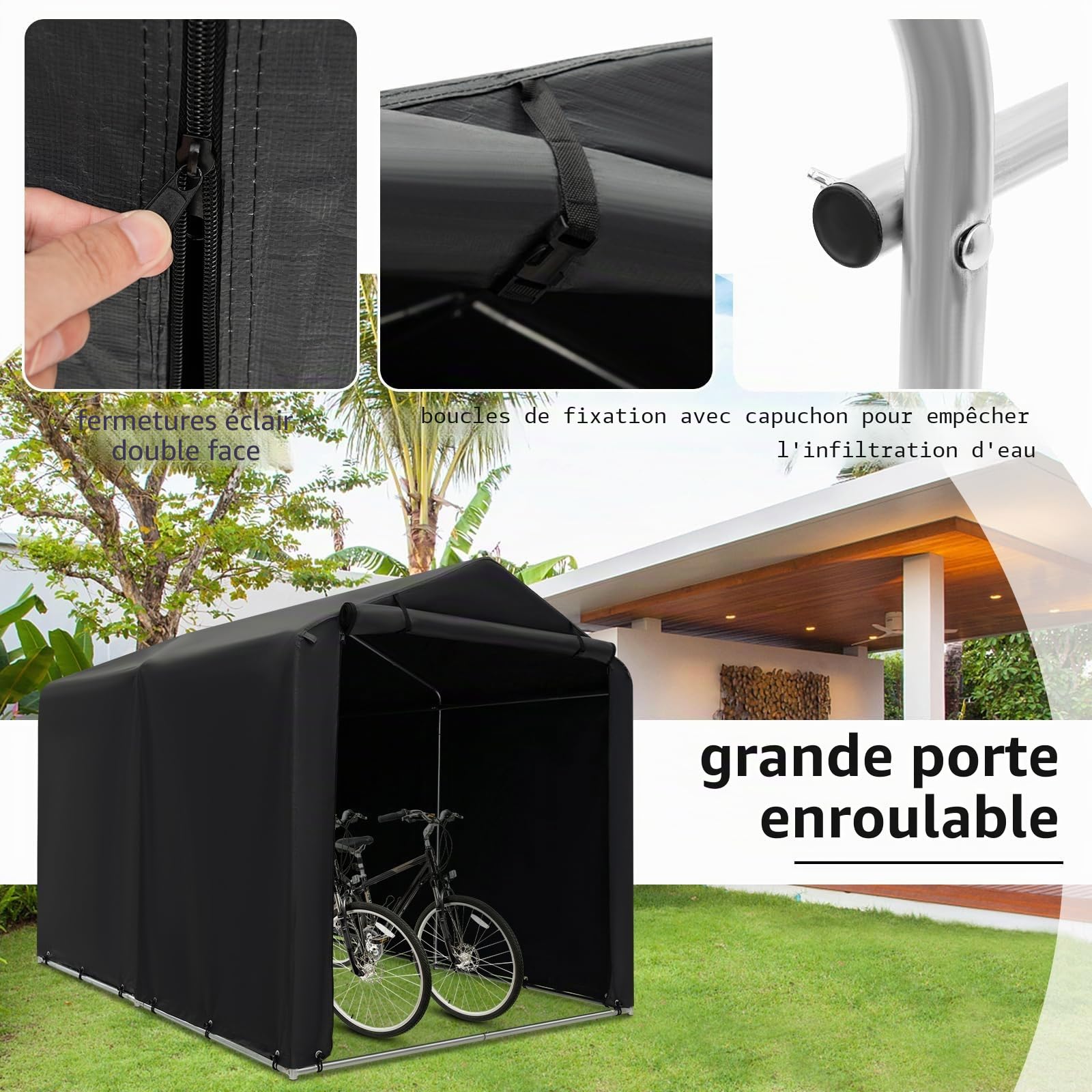 FANTASK Abri de Garage étanche avec Porte zippée Enroulable et Cadre en métal (Gris foncé)