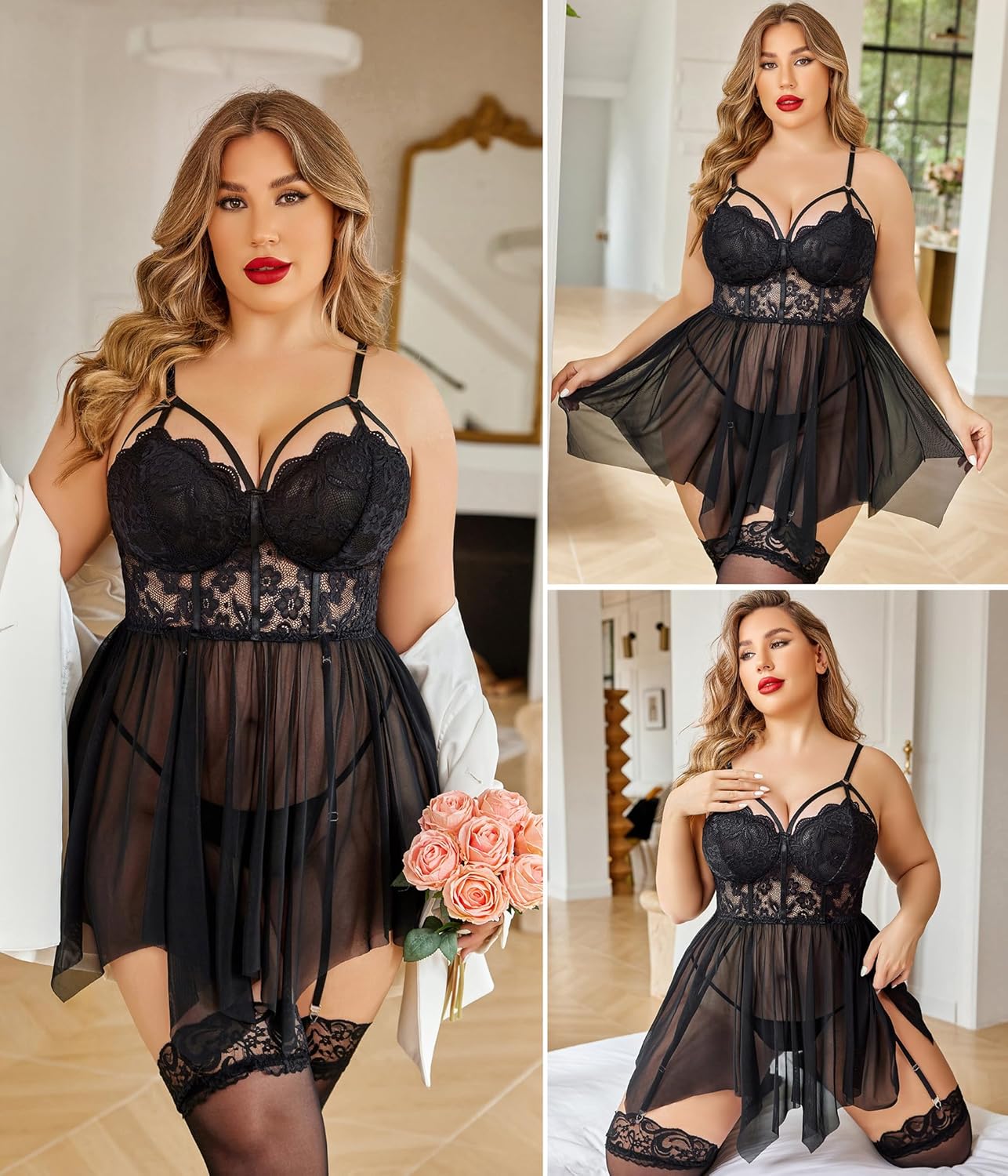 Avidlove Plus Size Lingerie Mesh Lace Lingerie Top Babydoll Lingerie Exotic Nightgowns - Image 4