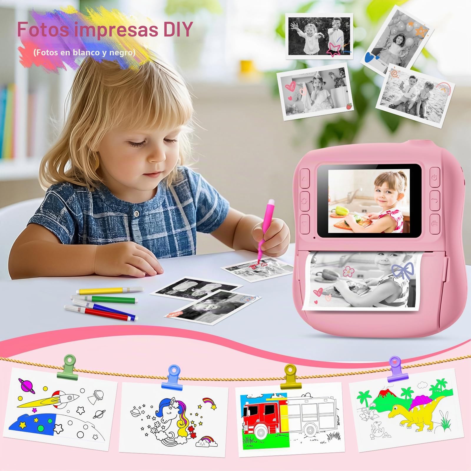 Hangrui Camara Fotos Infantil Instantanea, 1080P Camara Fotos Infantil, Cámara Instantánea para Niños con Tarjeta de 32GB,Papel de Impresión y Bolígrafos de Colores, Regalos Juguete-Rosa