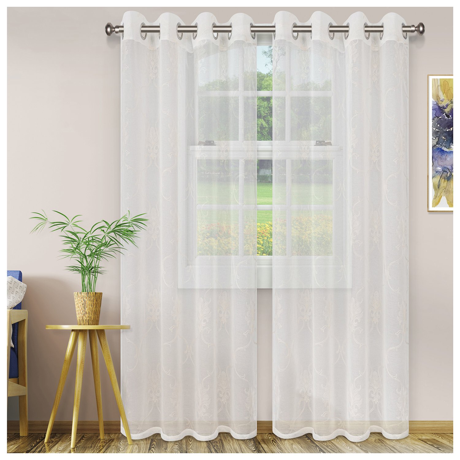 Superior Elegant Scroll Sheer Grommet Curtain Panel Set, Light Curtains for Bedroom, Living/ Dining Room, Nursery, Kitchen, Farmhouse, 2 Panels, Modern Floral Design, 52" W x 63" L, Ivory