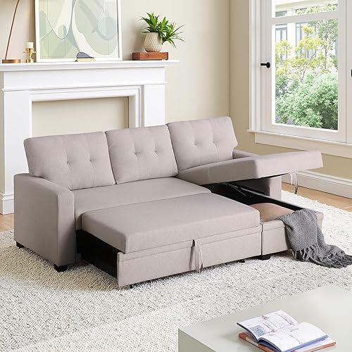 L Shaped Sleeper Sofa Bed with Storage Chaise, 53 Inch Pull Out Sofa Couch Bed for Living Room Sectional Linen Couch for Apartment, Bedroom, Living Room, 3 Seat, Beige