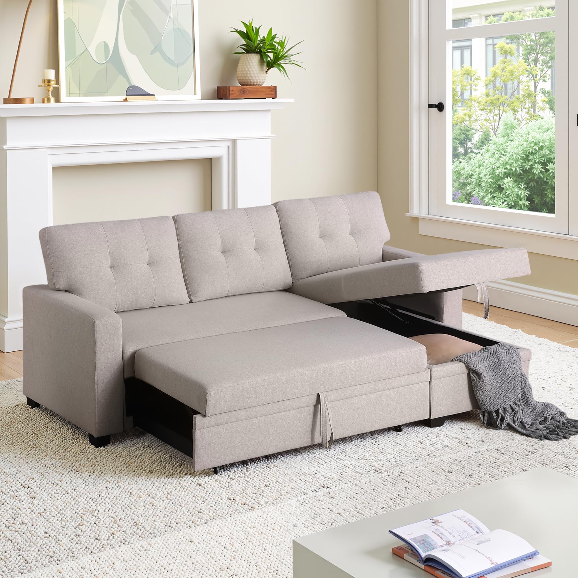 L Shaped Sleeper Sofa Bed with Storage Chaise, 53 Inch Pull Out Sofa Couch Bed for Living Room Sectional Linen Couch for Apartment, Bedroom, Living Room, 3 Seat, Beige(incomplete) Bag2/3