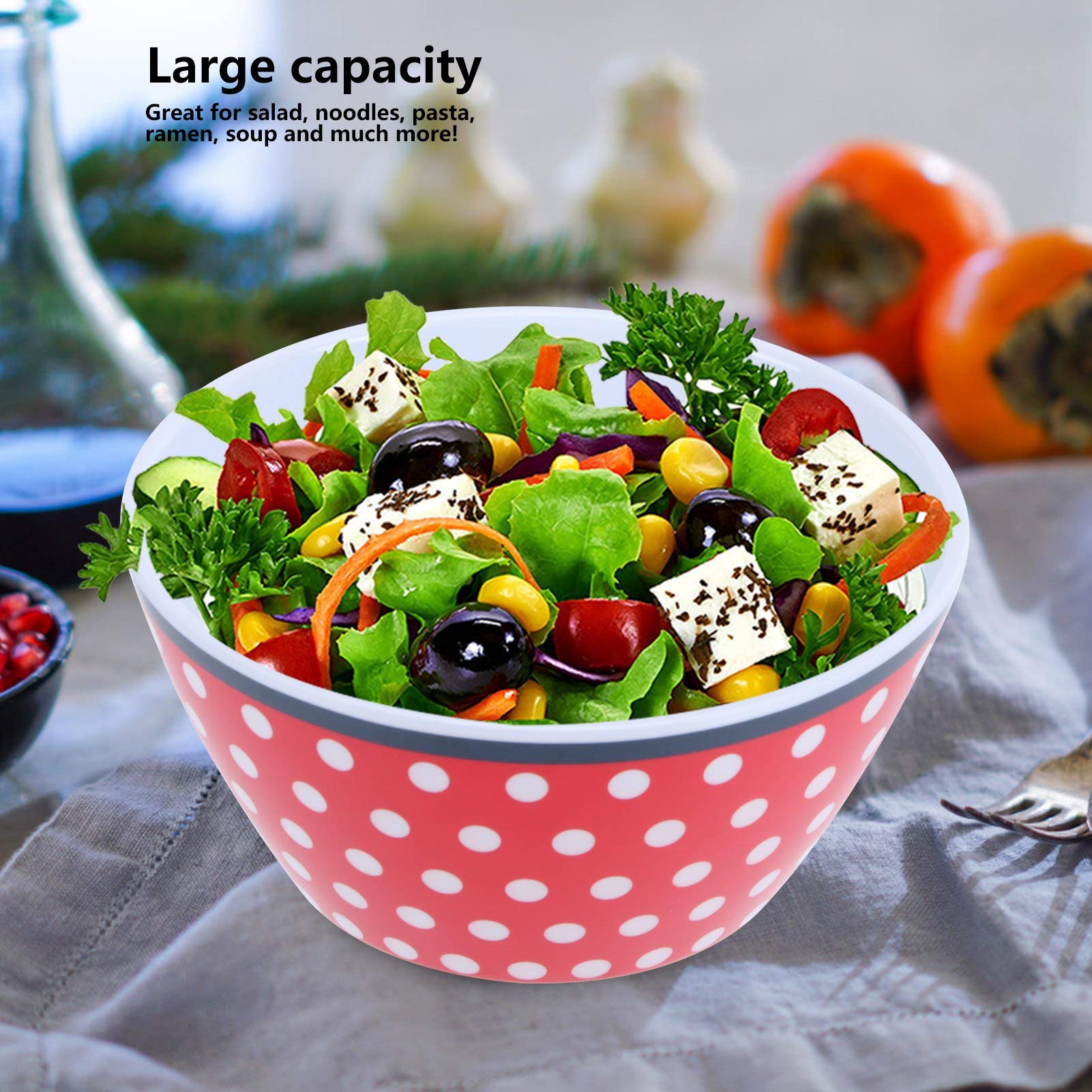 Cocoarm 12 Salatschüsseln aus Melamin, 14,6 X 7 Cm, Serviergeschirr, Stapelbar, Leicht zu Reinigen, Großes Fassungsvermögen für Salat, Suppe, Nudeln, Nudeln, Küchengeschirr (Rot mit Punkt)