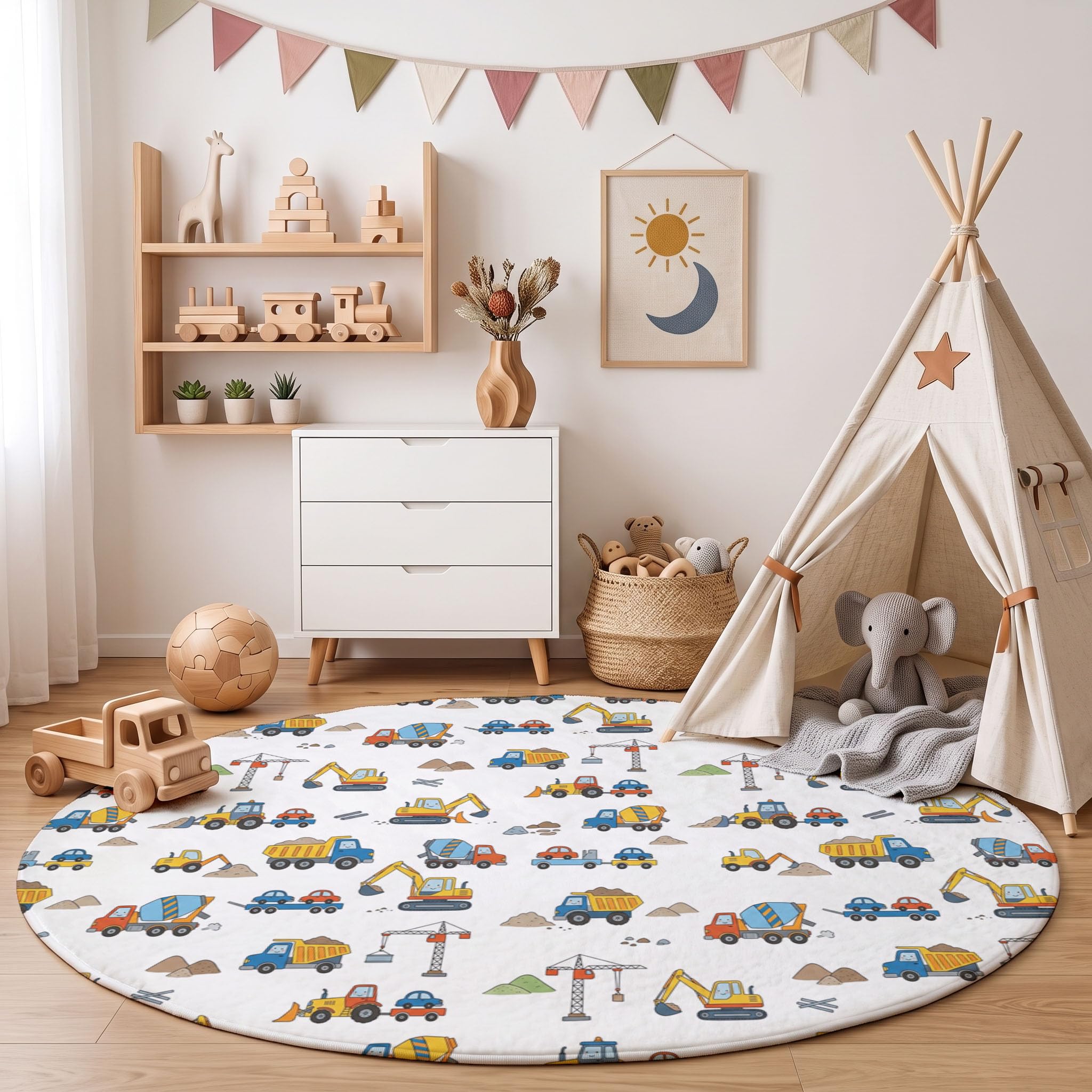 Tappeto Rotondo Bambini Veicolo Costruzione Cartoni Animati Tappeto a Pelo Corto Escavatori Autobetoniere Antiscivolo, Lavabile per Salotto, Cameretta dei Bambini, Dimensione: 100cm, Bianco