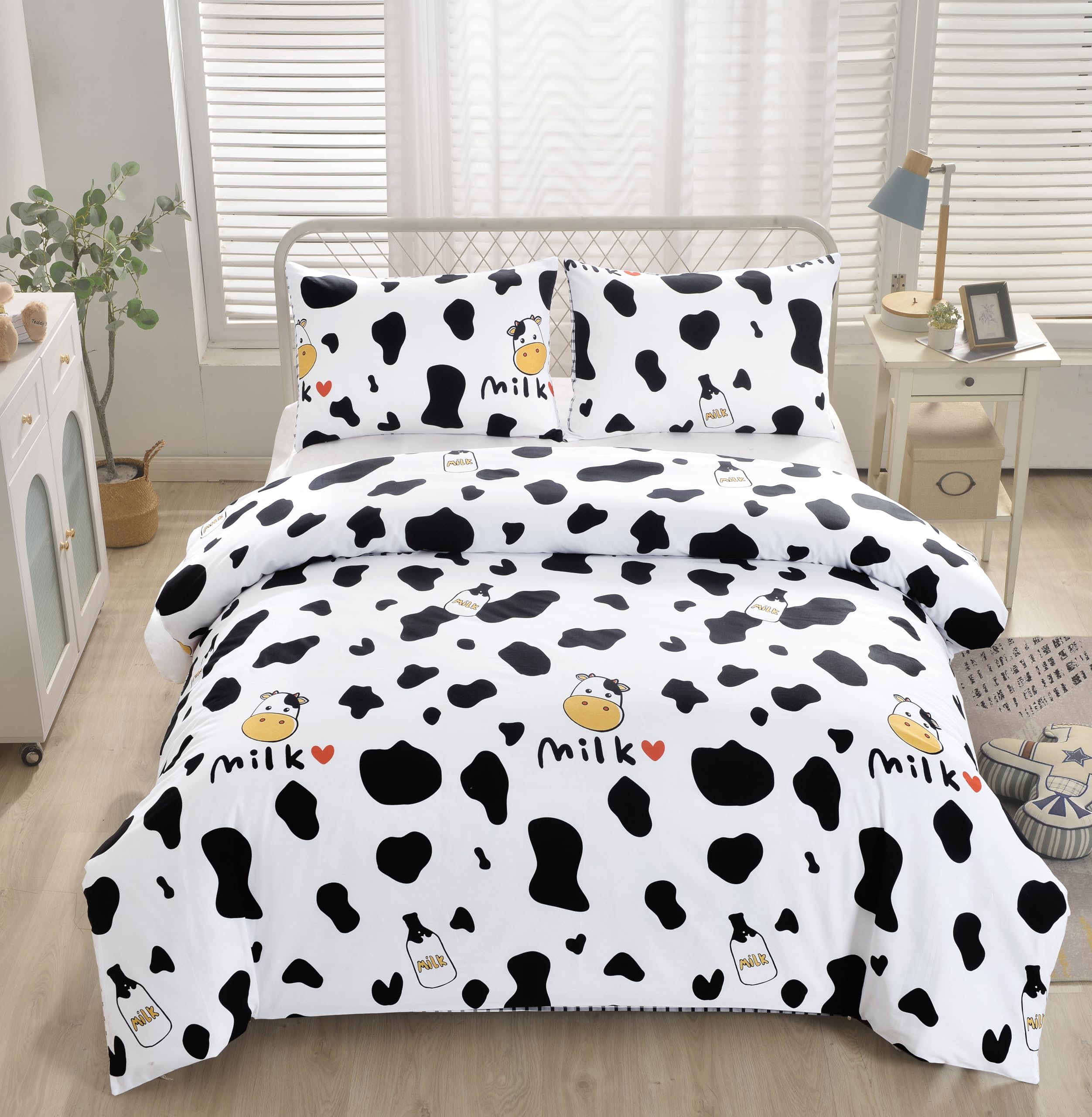 Lunoroey Kids Cow Duvet Cover Set Single Size 100% Cotton Bedding Cow Print Kids Boys Girls Black And White Quilt Cover Comforter Cover Set