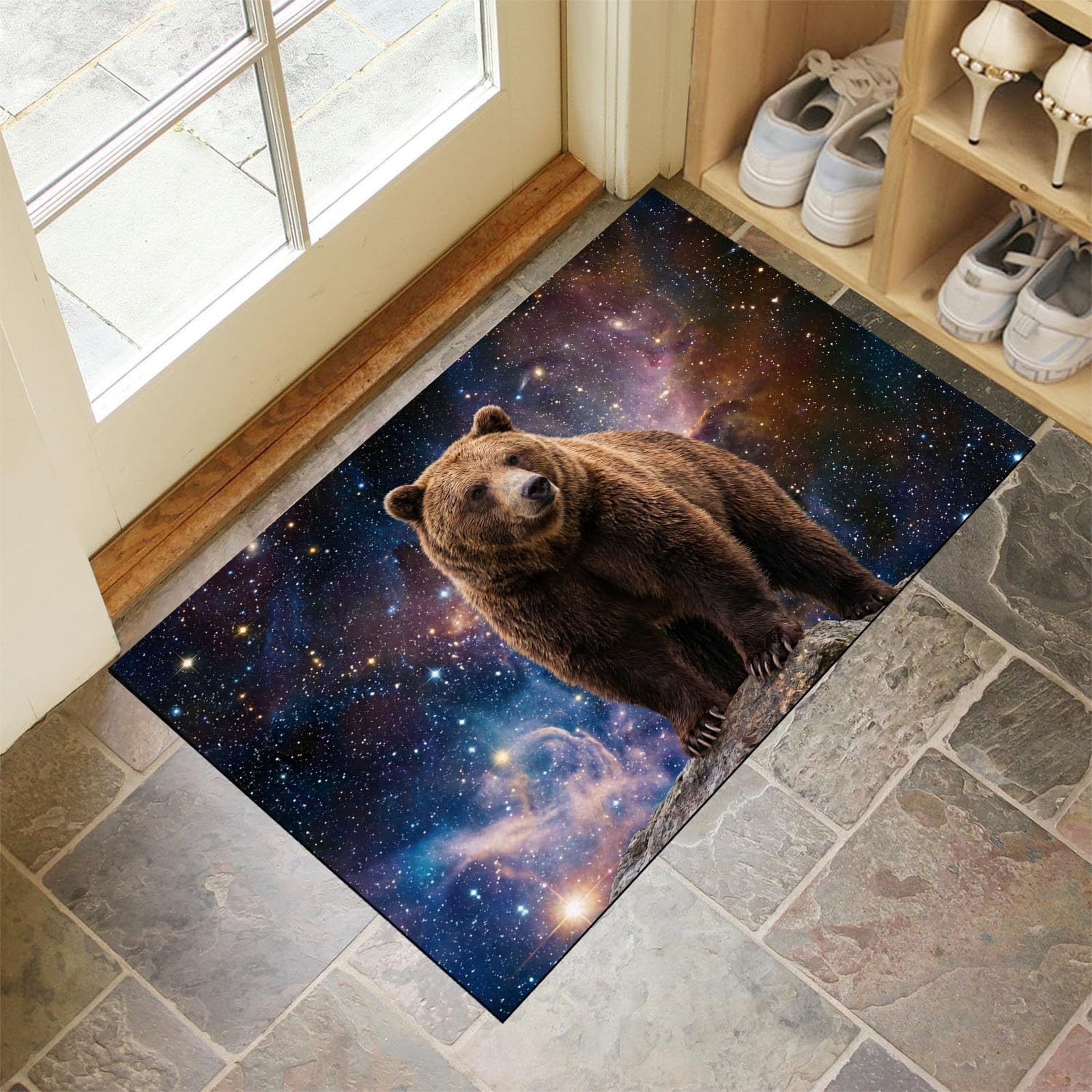 Zerbino Interni Feroce Orso Bruno 60X90Cm, Antiscivolo Lavabile, Tappeto Da Ingresso Misterioso Paesaggio Di Cielo Stellato, Tappetino Pelo Basso Antipelo Per Porta D’Ingresso, Blu Scuro