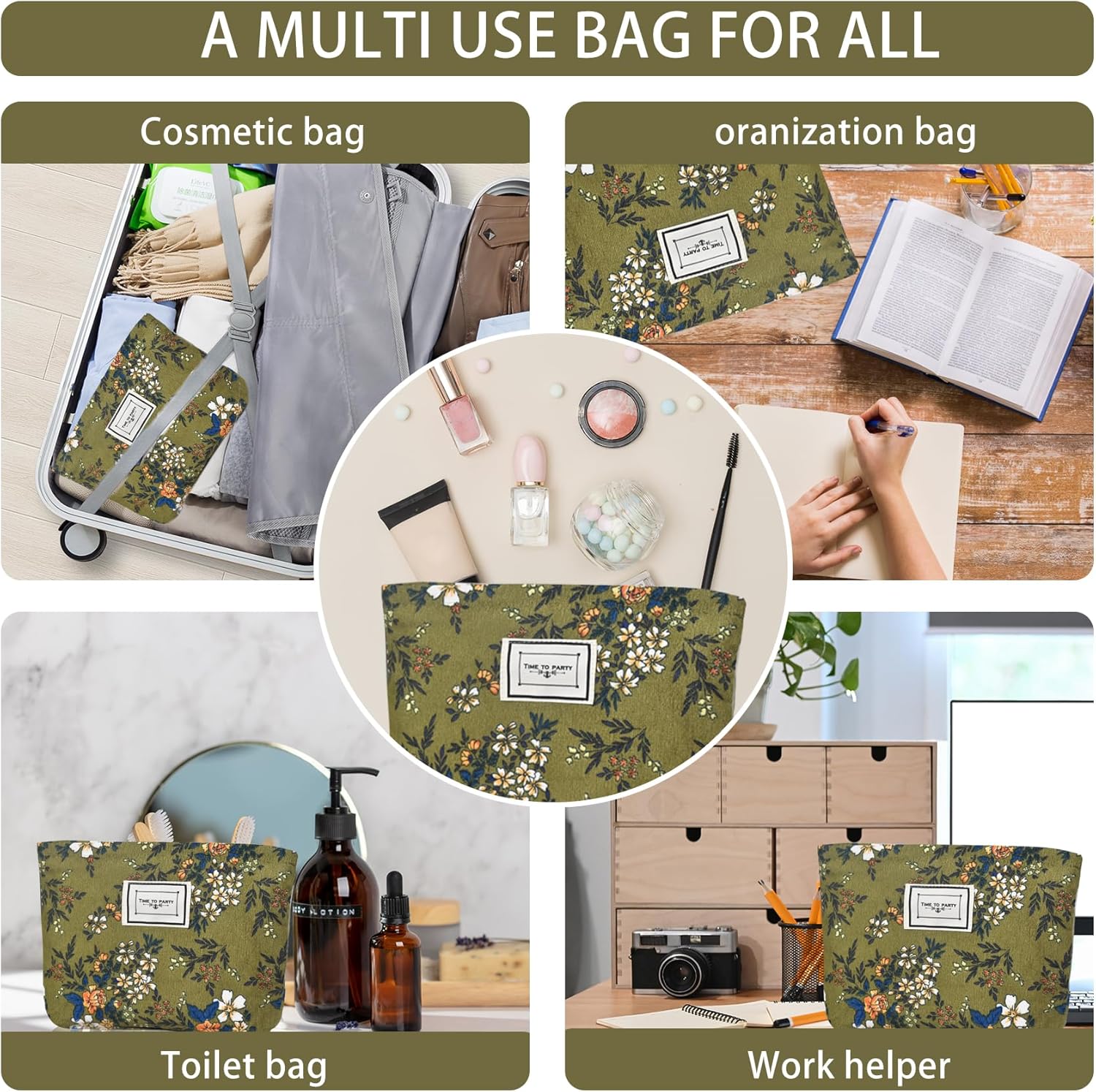 Make Up Bag Cosmetic Bags for Travel Women Corduroy Organizer Pouch Toiletry Bags with Zipper Large Capacity 15 armygreen - Image 3