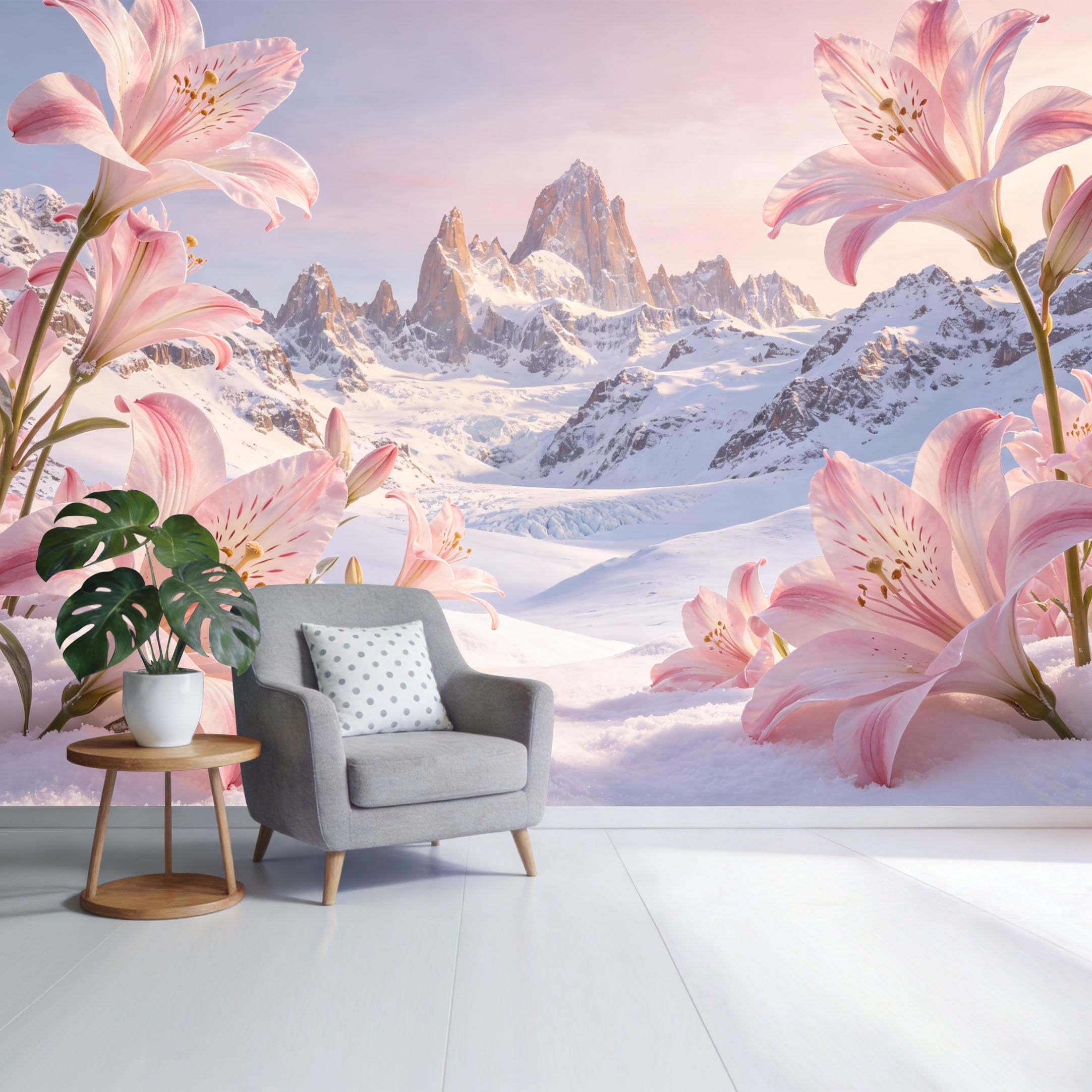Custom Size Wall Mural Pink Lily Flowers Snowy Mountain Landscape Sunrise Scene SelfAdhesive Wall Fabric Removable Wallpaper for Home Office Decor