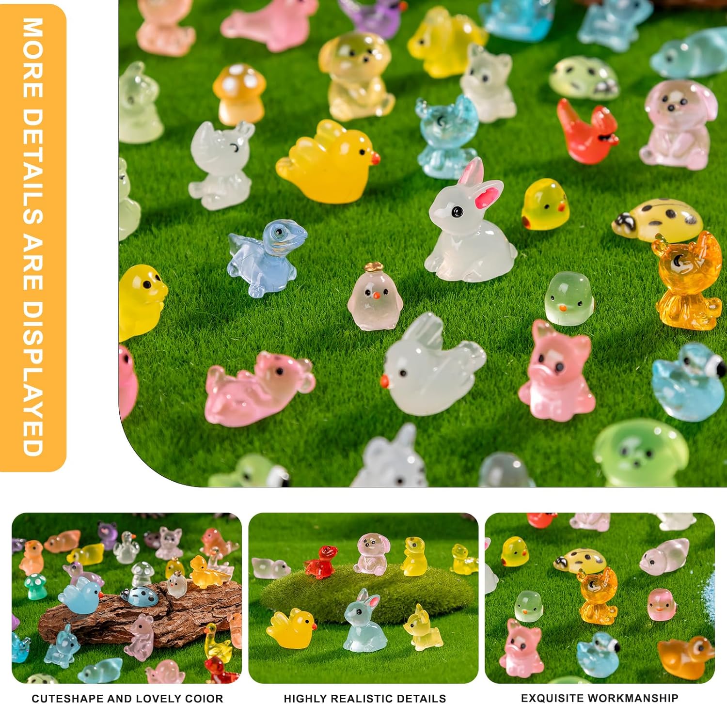 250 pcs Luminous Mini Resin Animals Many Styles Variety Tiny Animals Figures Miniature Little Small Animal Figurines Bulk for Micro Fairy Garden Landscape Accessories Hide Crafts Decor Aquarium