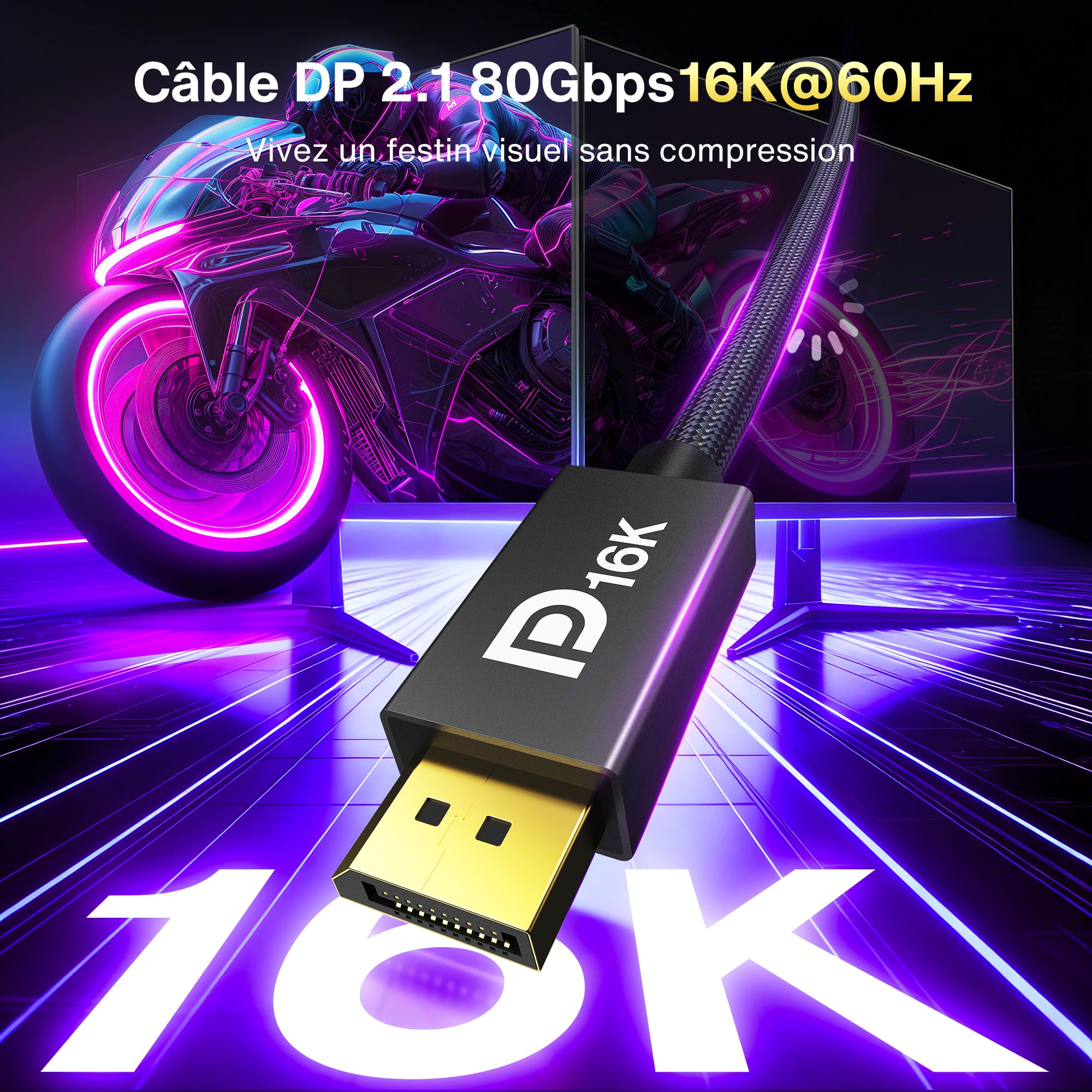IVANKY 80Gbps 16K Câble DisplayPort 2.1 16K@60Hz, 8K@240Hz, 4K@540Hz/480Hz/240Hz, Câble DP 2.1 Supporte HDR DSC1.2a HDCP2.3 UHBR20 FreeSync G-Sync, pour Carte Graphique Moniteur Gaming/PC/HDTV -2M