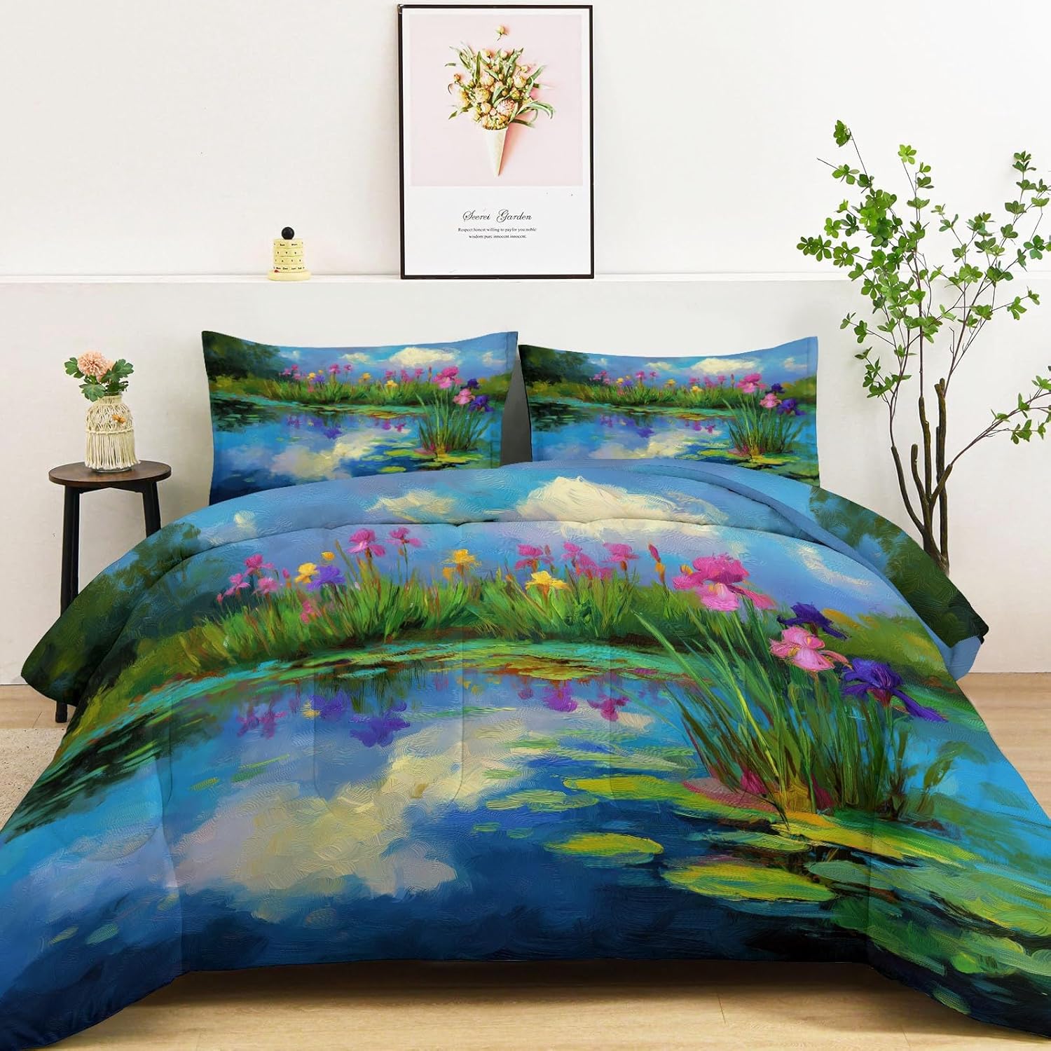 Reversible King Comforter Set Fantasy for Kids Boys Girls, 3 Pieces Light Weighted Quilted Oil Painting Plants Flowers Pond Leaves Comforter, All-Season Breathable Bedding Decor (104" x 90")