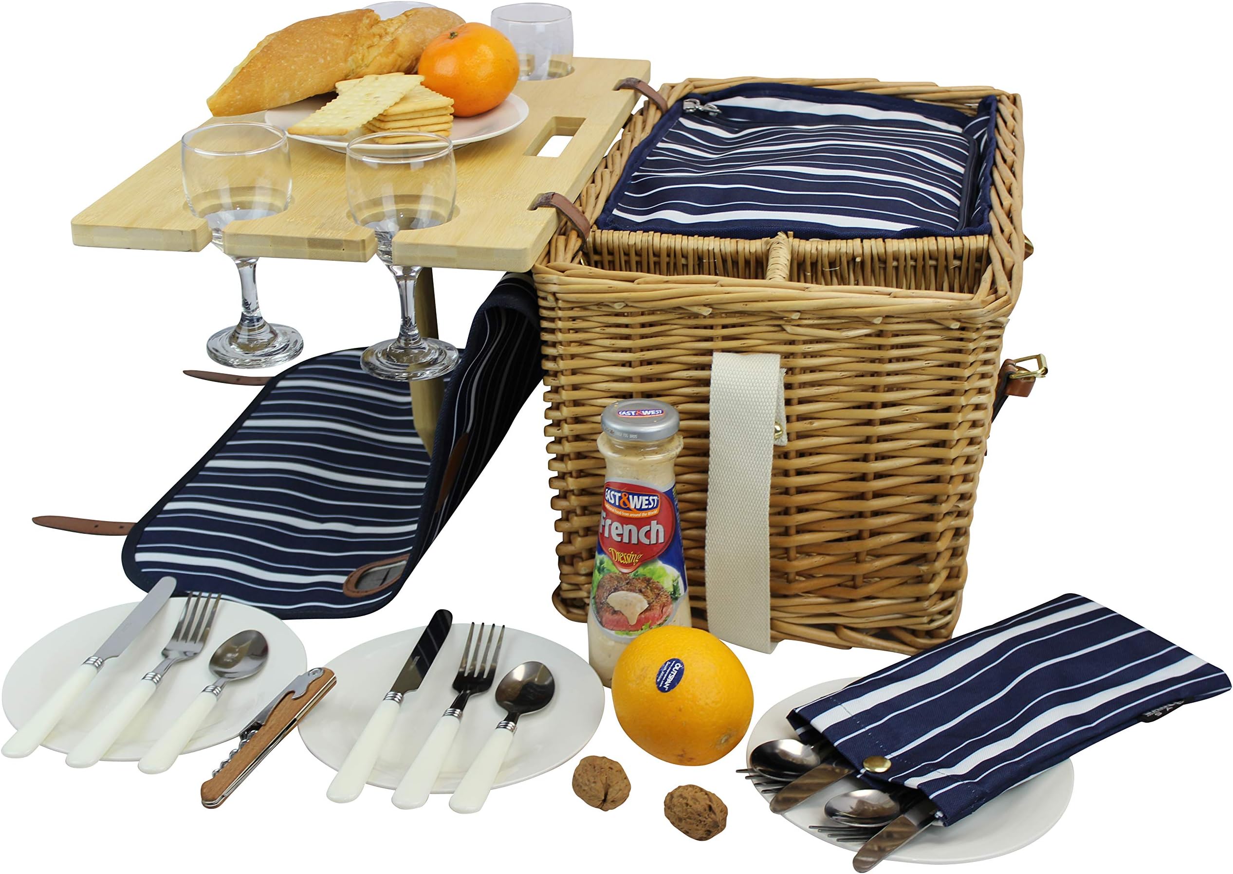 Picnic Basket for 4 Removable Bamboo Table Cotton Canvas Top Cover [4 Person Set] INSULATED Cooler Waterproof Picnic Blanket, Ceramic Plates, Metal Flatware, Wine Glasses Wooden Bottle Opener