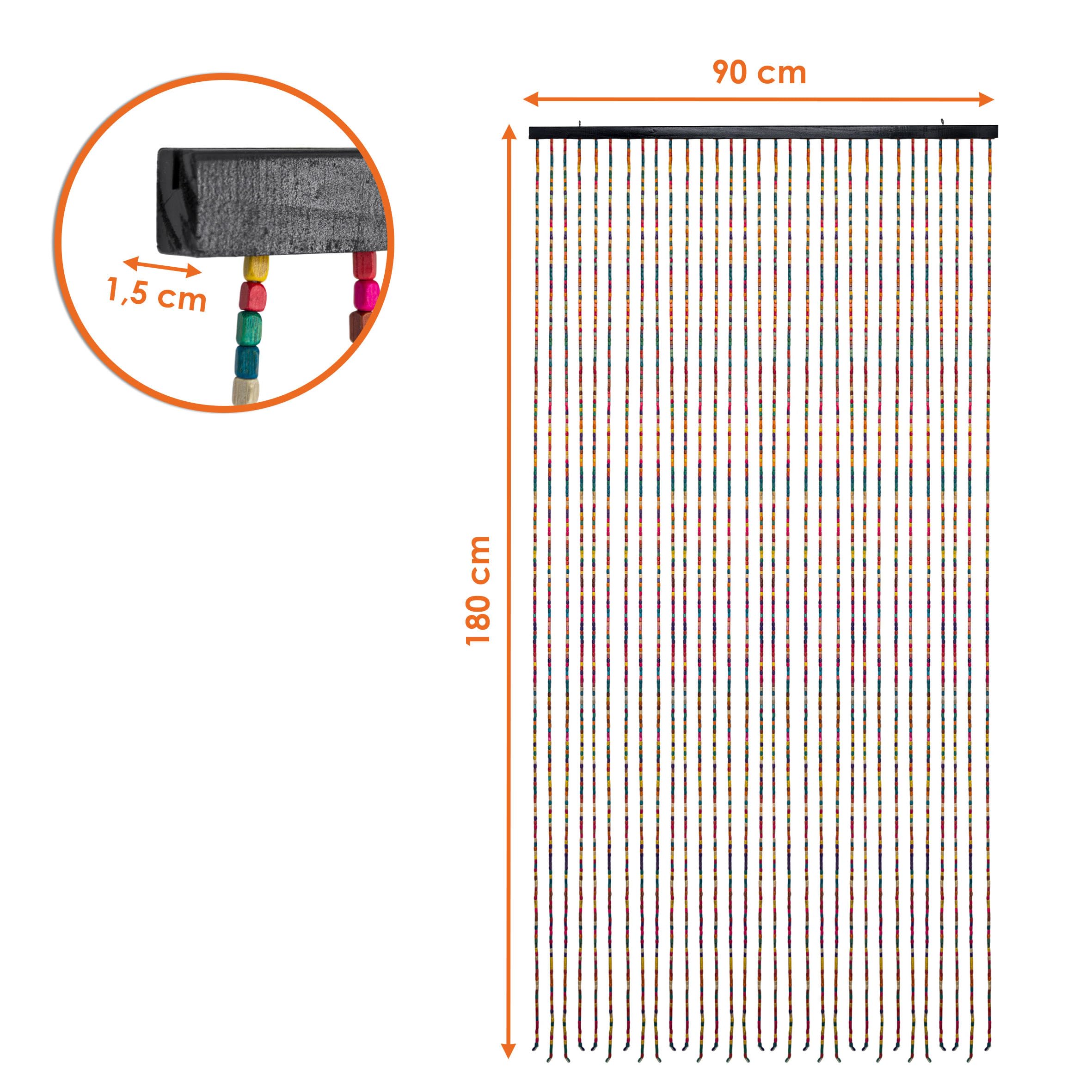 Cortina de cuentas de madera para puerta con 31 hebras, 180 x 90 cm, multicolor, estilo hippie