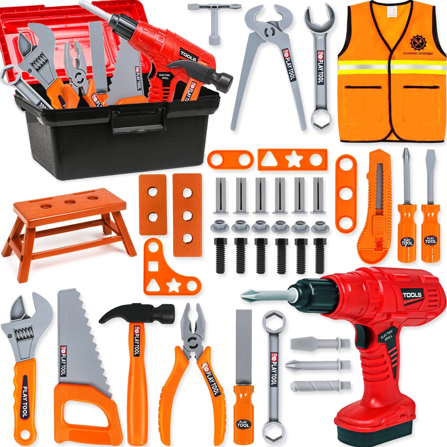 Kids Tool Set - 50Pcs Toddler Tool Set Age 3-5 Construction Toys with Tool Box & Electronic Toy Drill Pretend Play Dress Up Toddler Boys Toys 4-6 Birthday Gifts for 3 4 5 6 7 Year Old Boy Girl