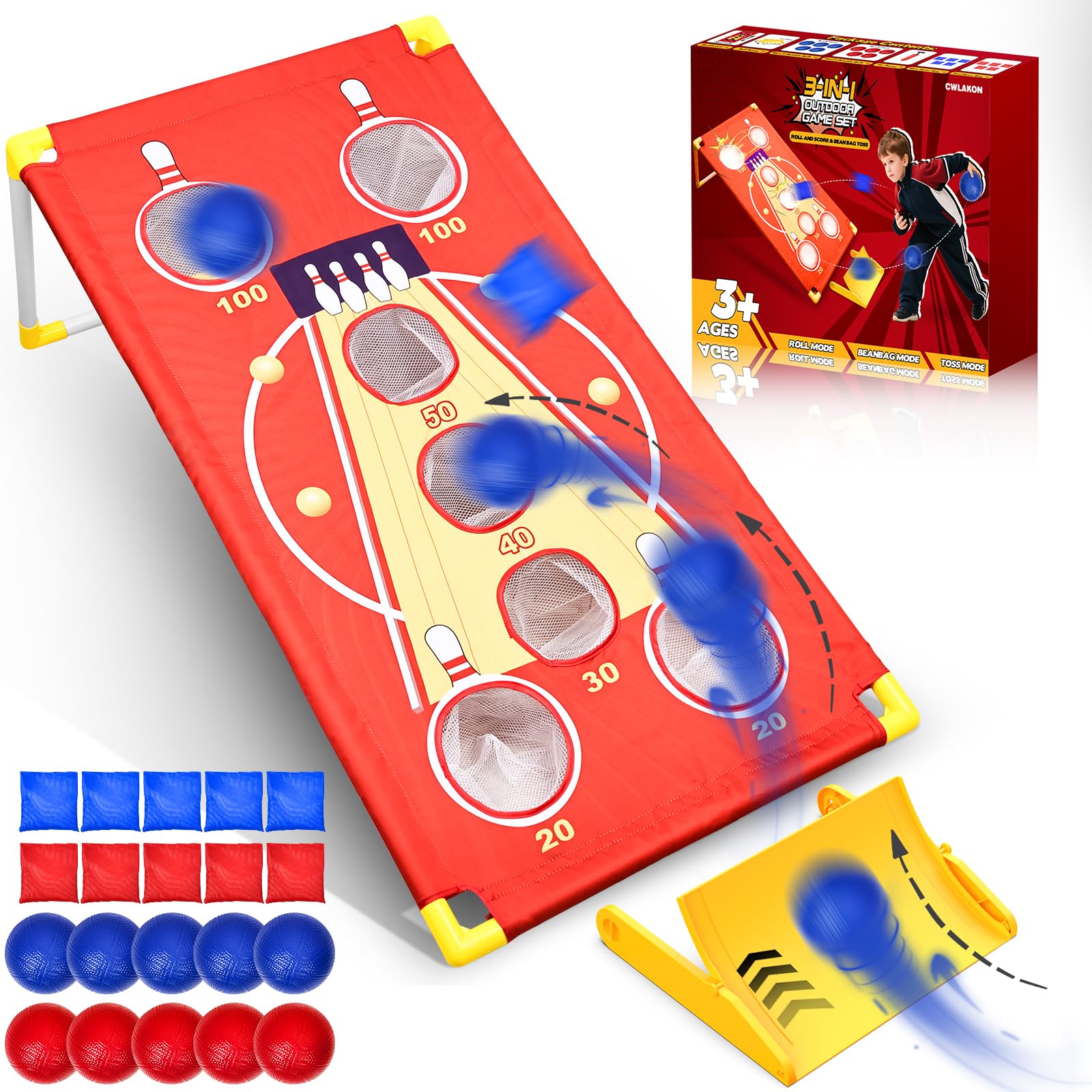 Jeu de Lancer 3 en 1 Cornhole, Lancer de Sacs & Balles, Arcade Roll and Score, Jeu d'Extérieur