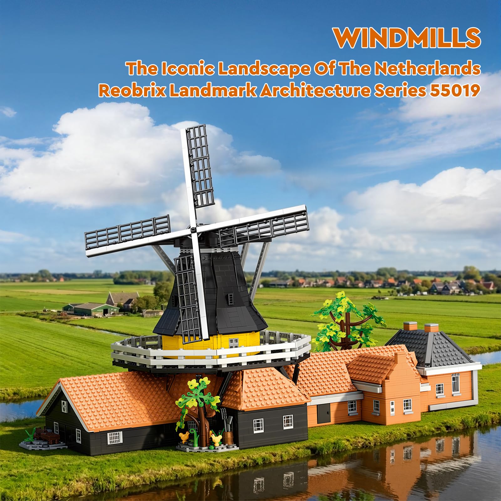 Reobrix 55019 Niederländische Windmühle Architektur Klemmbausteine Erwachse | Großes Windmühlenmodell mit Drehbare Windmühlenflügel, Gestaltete Landschaft mit Pflanzen, Wegen, Dekorationen, Sammlermodell