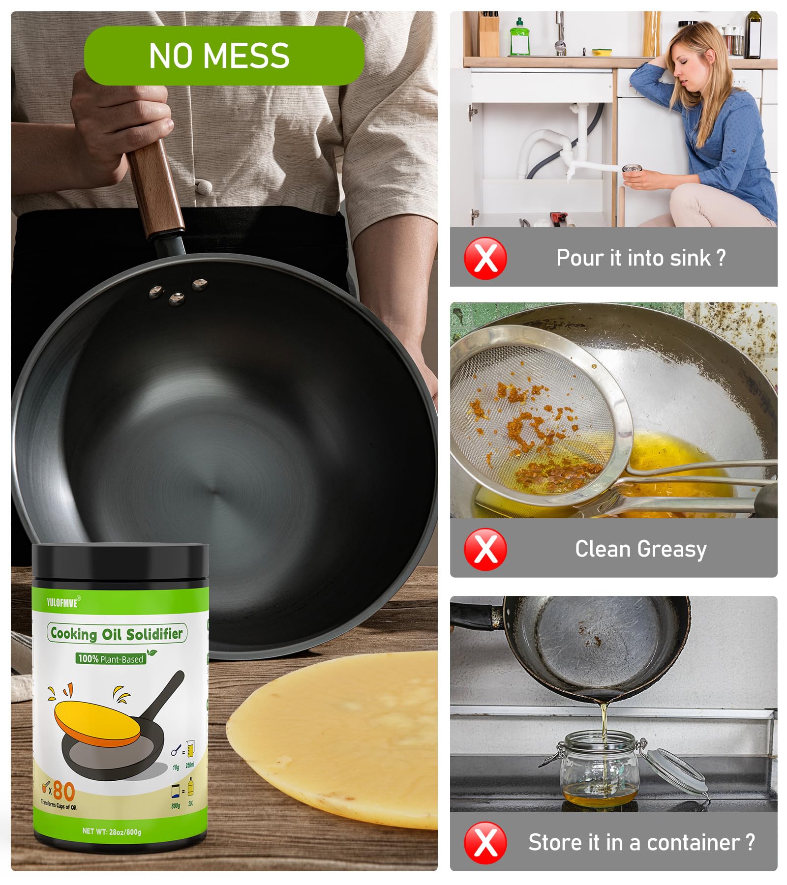 Cooking Oil Solidifier Powder, Solidifies Up to 80 Cups from Mess, 100% Plant-Based Used Oil Solidifying Powder, Grease Hardener Disposal for Kitchen