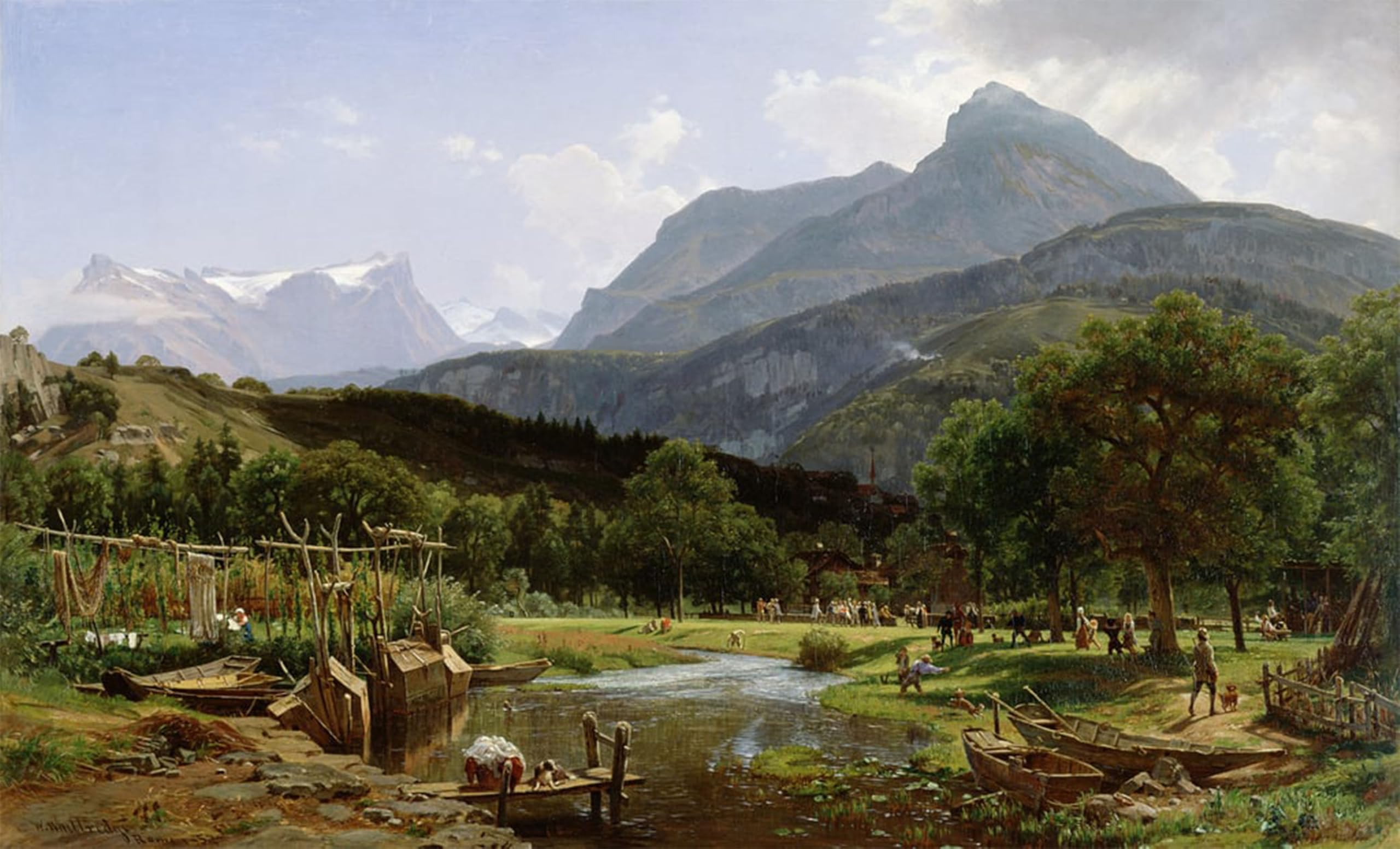 HRJUBWREE Classic Canvas Picture Art Canvas Print Modern Oil Painting View Near Brunnen on Lake Lucerne Switzerland by Worthington Whittredge Artwork on Wall for Office Decor 60x90cm