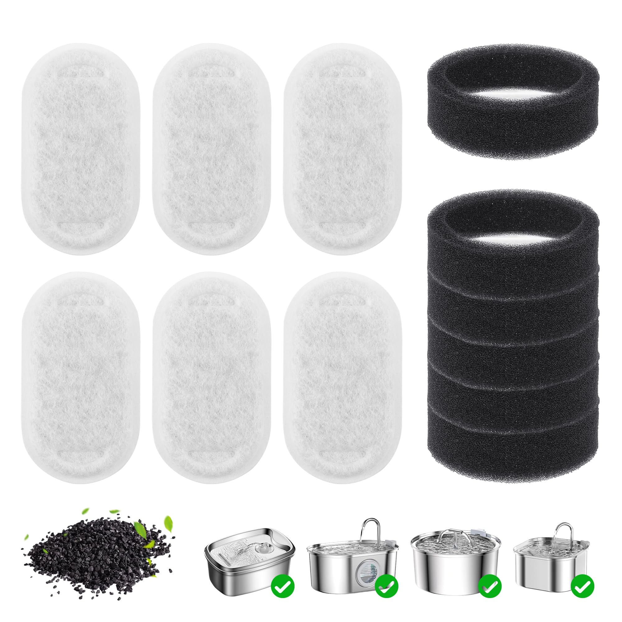 BlingKingdom 12 PCS Cat Water Fountain Filters Pet Fountain Filter Replacement 6 Activated Carbon Filters 6 Black Sponges