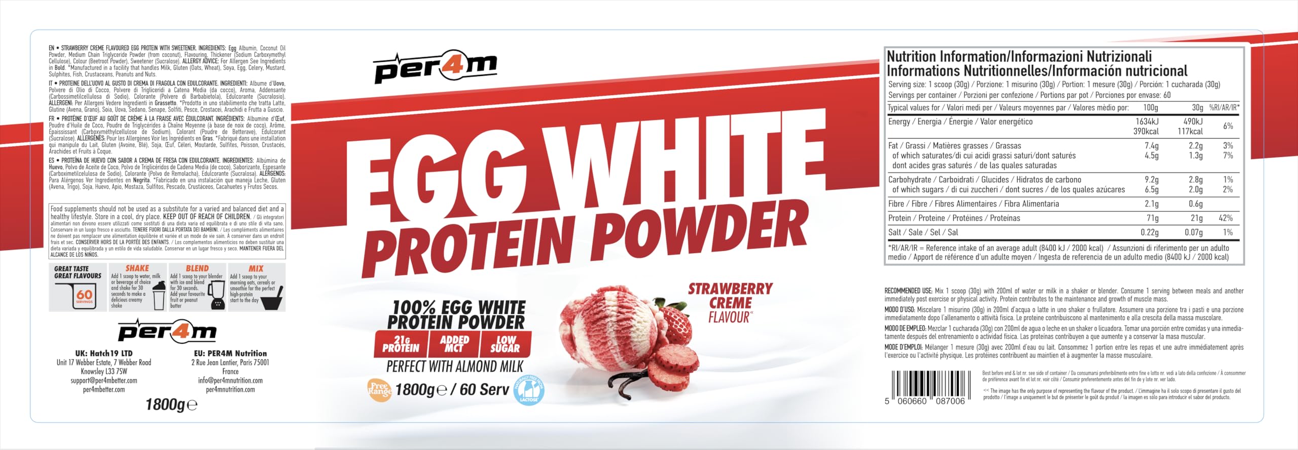 Per4m Egg White Protein Powder (1800g) Crème de fraises - Protéines - Protéine d’œuf
