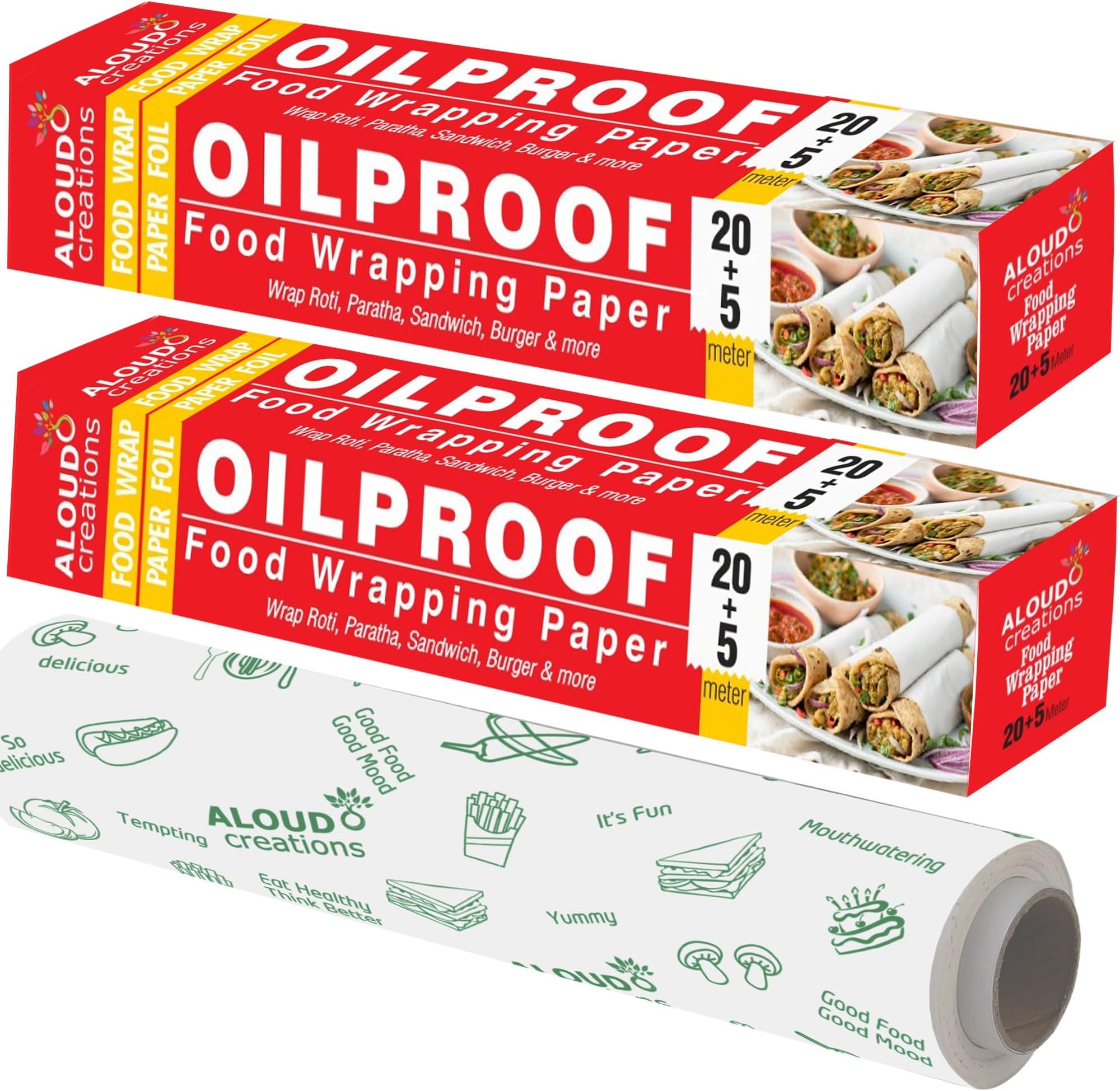 ALOUD CREATIONS 50 Meter Food Wrapping Paper Roll | Wrap Roti, Parantha, Sandwich and Burger | Keep Food Safe & Fresh | Oilproof Reusable Paper Wrap | Extra Wide 11 Inch | Paper Foil | 25M Pack of 2