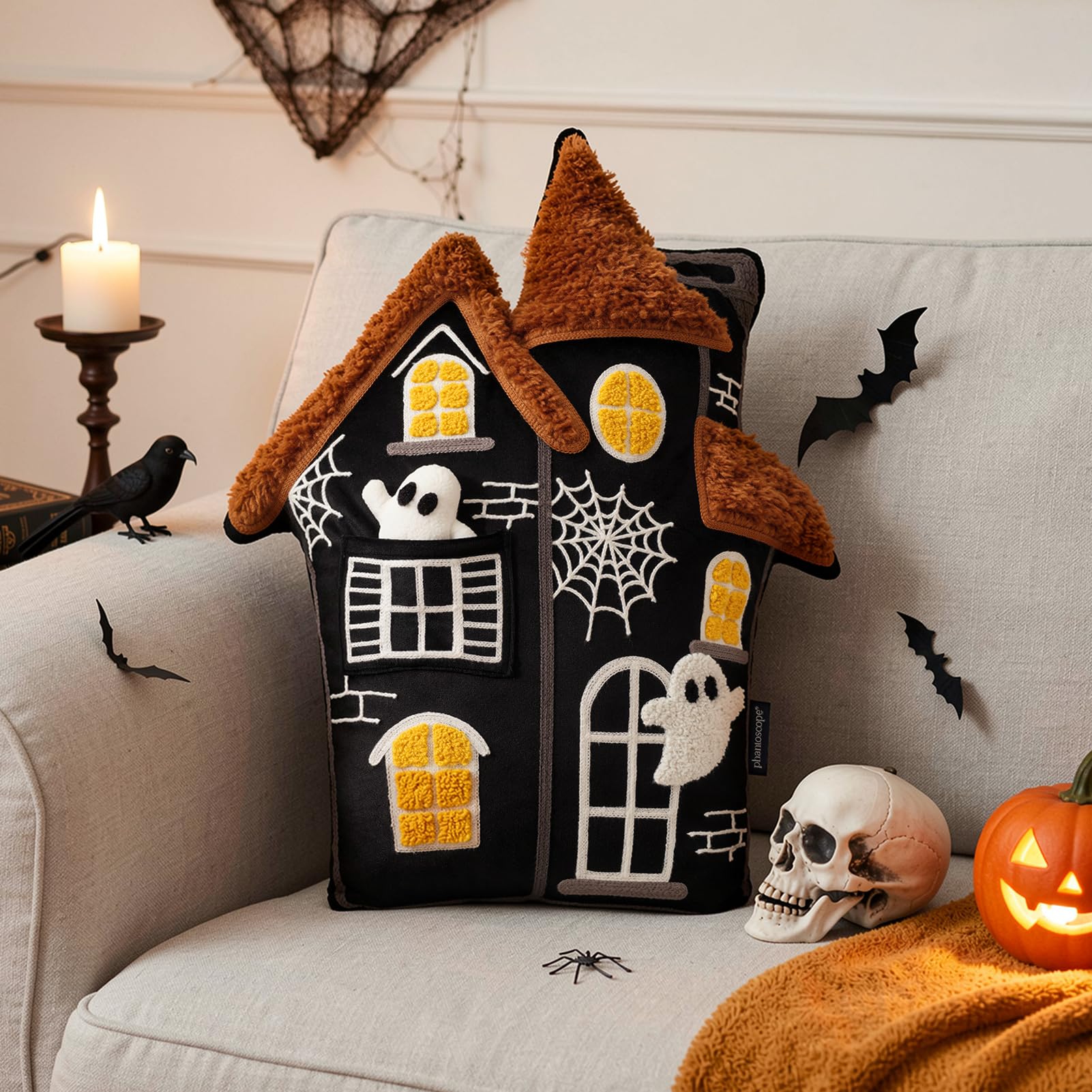 Phantoscope Happy Halloween Shaped Throw Pillow, Haunted House Shaped Pillow, Soft Velvet