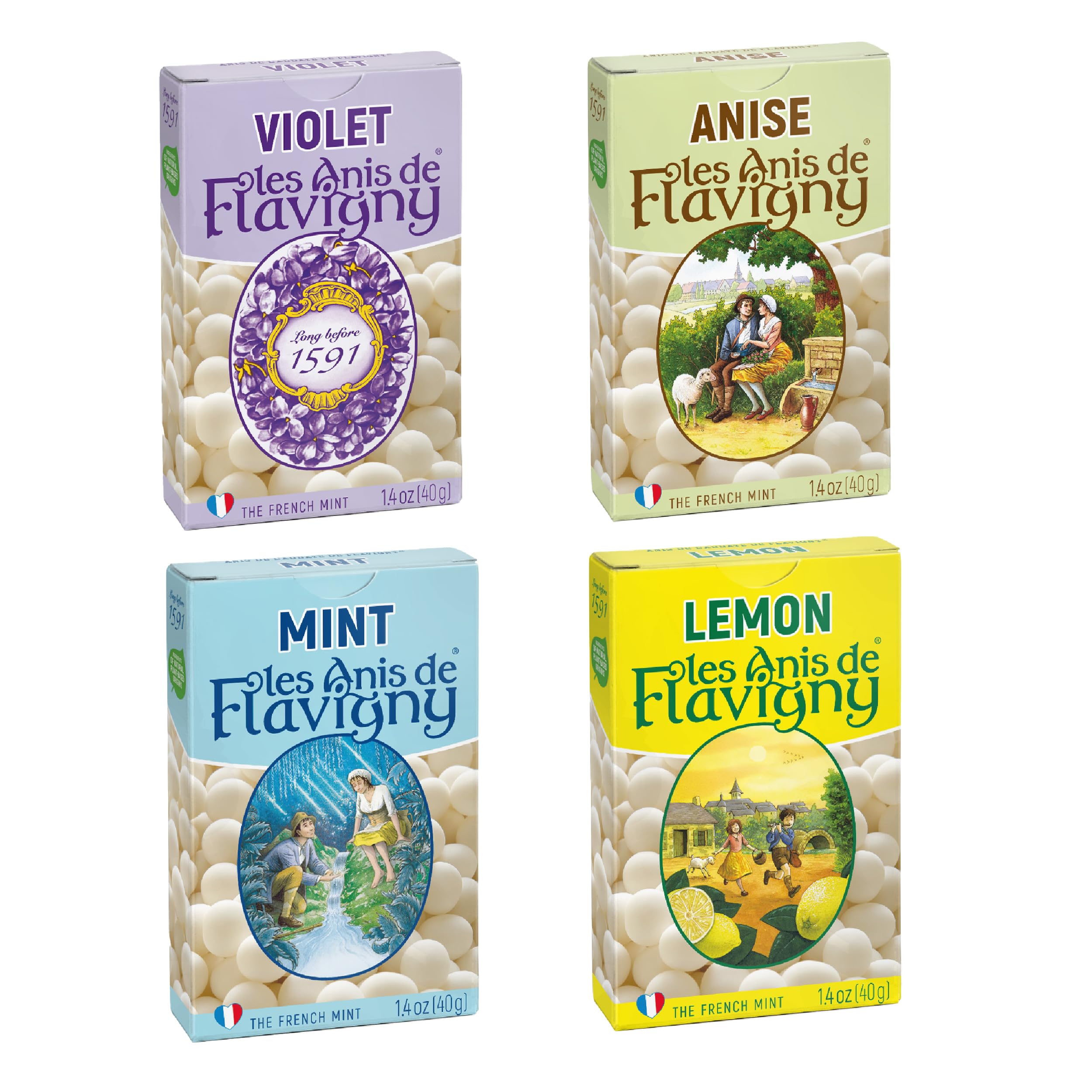 Candy Mints, The French Mints, Vegan, Non-GMO, Made in France, Anise, Lemon, Mint, and Violet Flavors, 40g Box, 4-Pack