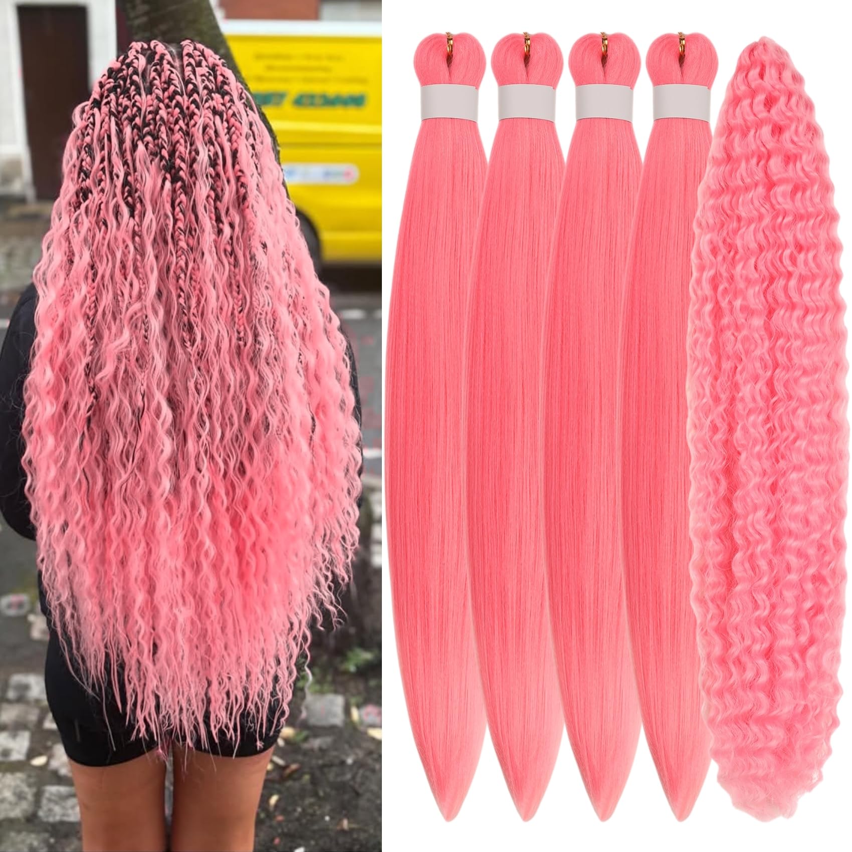 Pink Flechten Haar Pre Stretched für Boho Flechten Synthetische lockige Boho Haar für Flechten (5 Packungen)