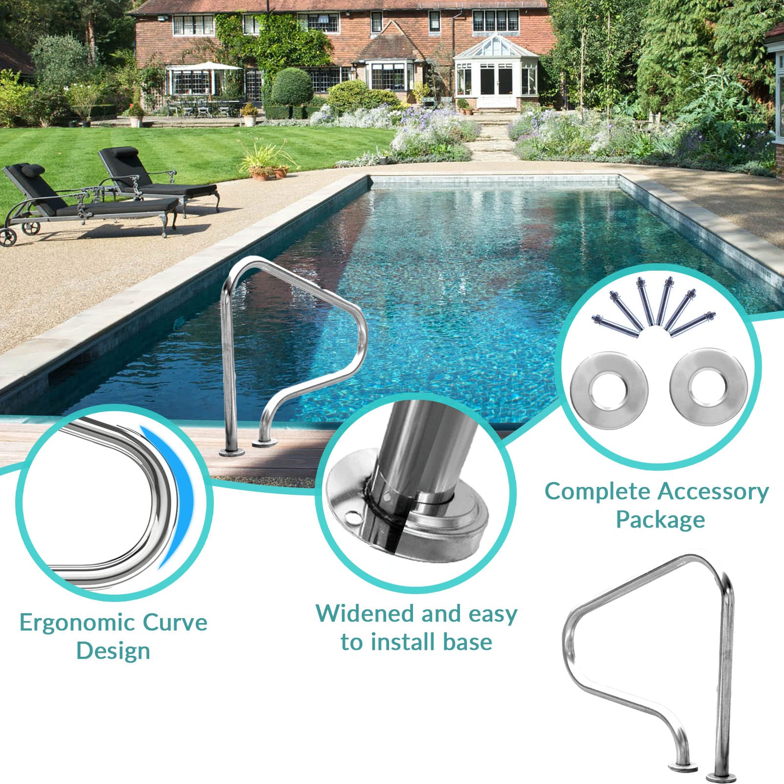 Rampe de Piscine 80 x 80 cm Main Courante de Piscine, Acier Inoxydable 304, Mains courantes pour piscines creusées Rampe d'escalier de Piscine à 3 Coudes Facile à Installer
