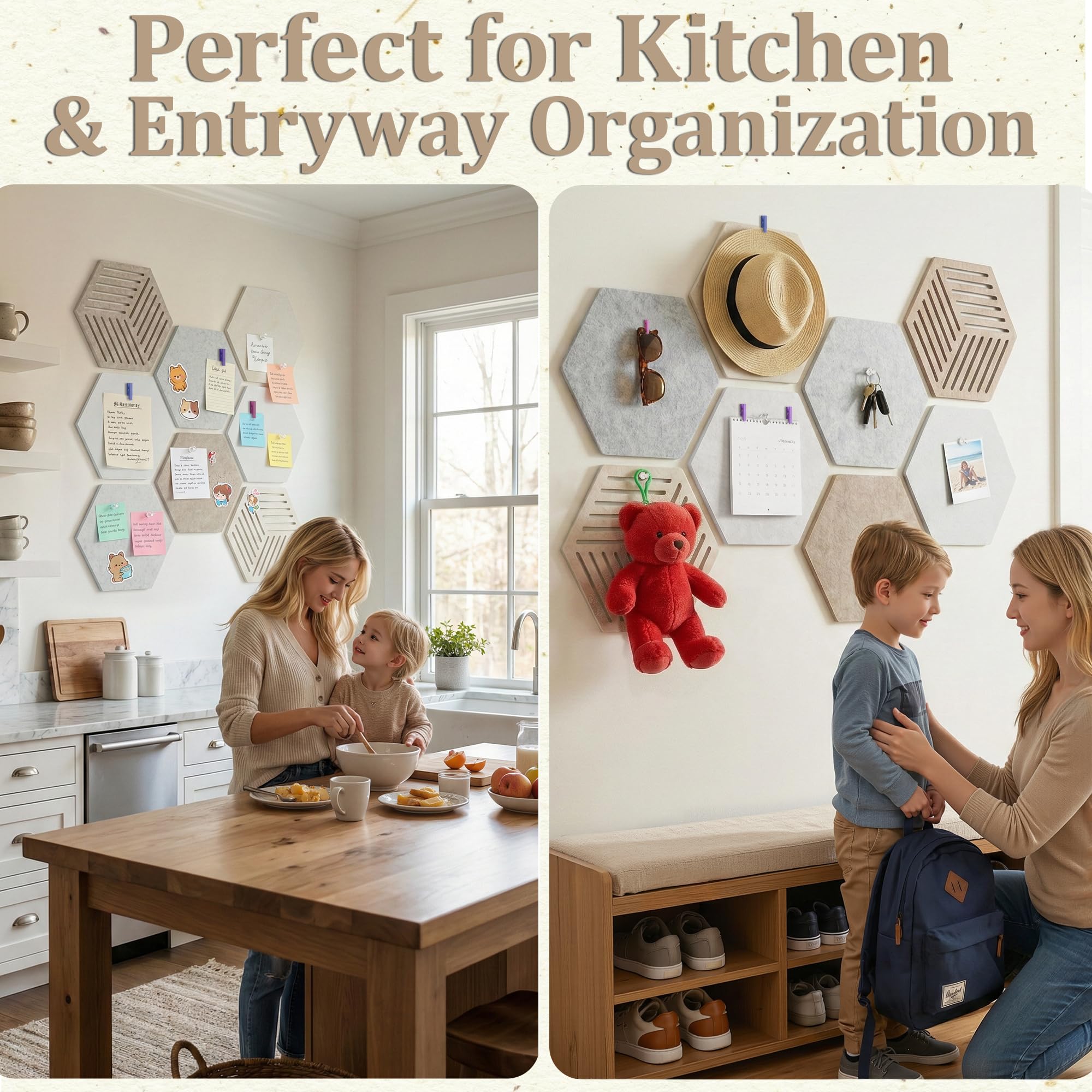 Tablero de Fieltro Hexagonal Autoadhesivo, 8 Piezas 30x26 cm Grosor 0,9 cm, Tablón Decorativo de Pared con 30 Chinchetas, Alternativa Creativa al Corcho para Hogar y Oficina