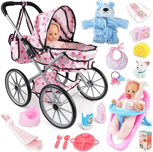 SMILESSKIDDO Juego de juguetes para cochecito de bebé, muñecas de cuerpo suave de 12 pulgadas con accesorios, silla de comedor, ropa de muñeca,