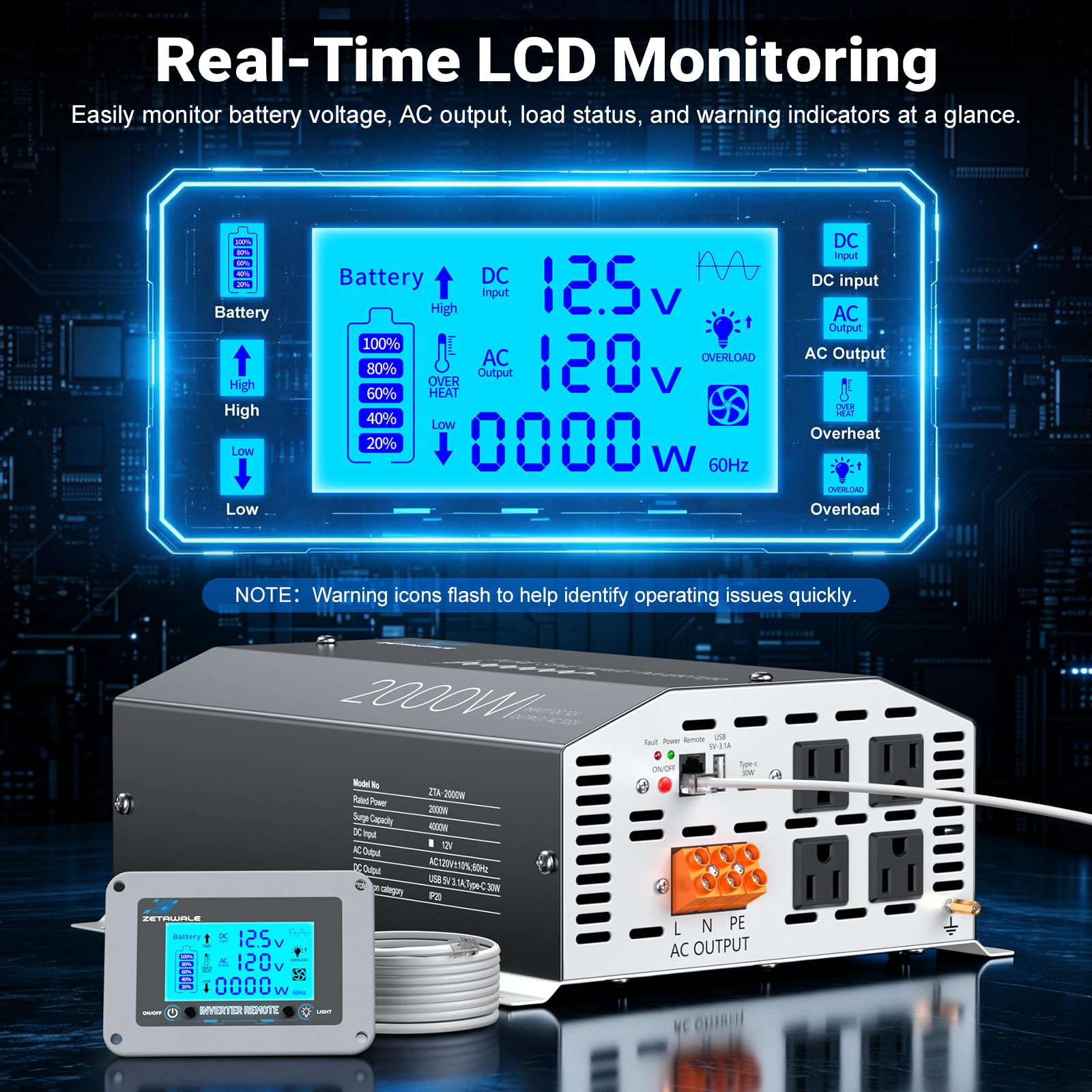 2000W 12V DC 110V 120V AC 4 wyjścia AC, USB Type-C, zdalne sterowanie LCD do ciężarówki, RV