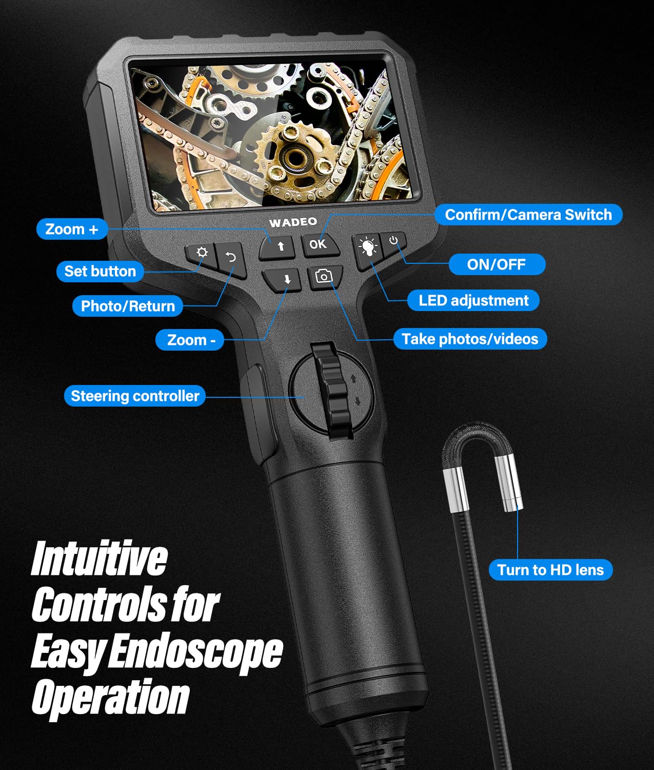WADEO Cámara endoscópica giratoria con luz, cámara de inspección IPS de 4,3'' y 1920P, cámara Flexible Impermeable de 6,5 mm, cámara Tubular, cámara de inspección Digital HD