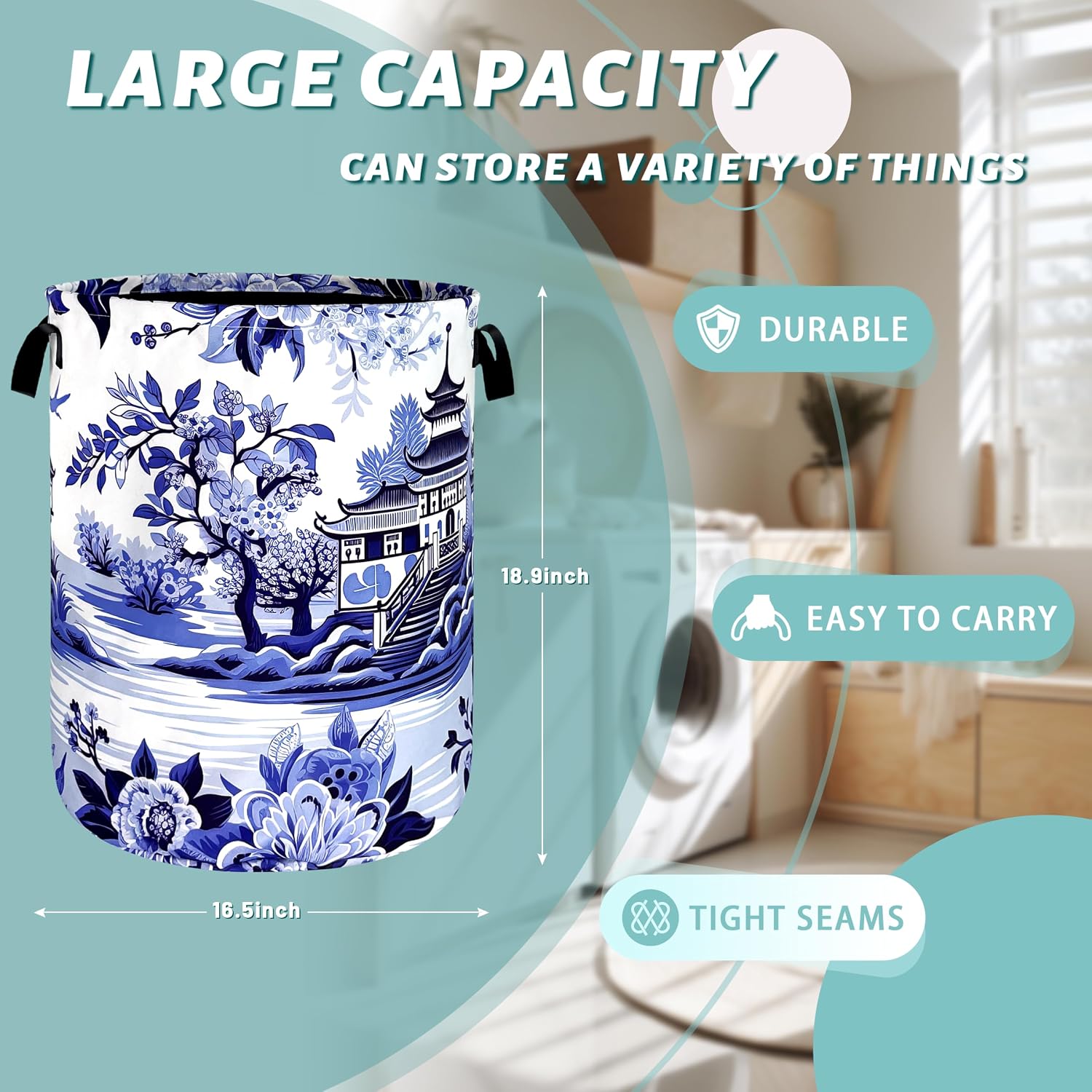 Chinoiserie Blue and White Porcelain Print Laundry Basket 18.9 x 16.5 Inch