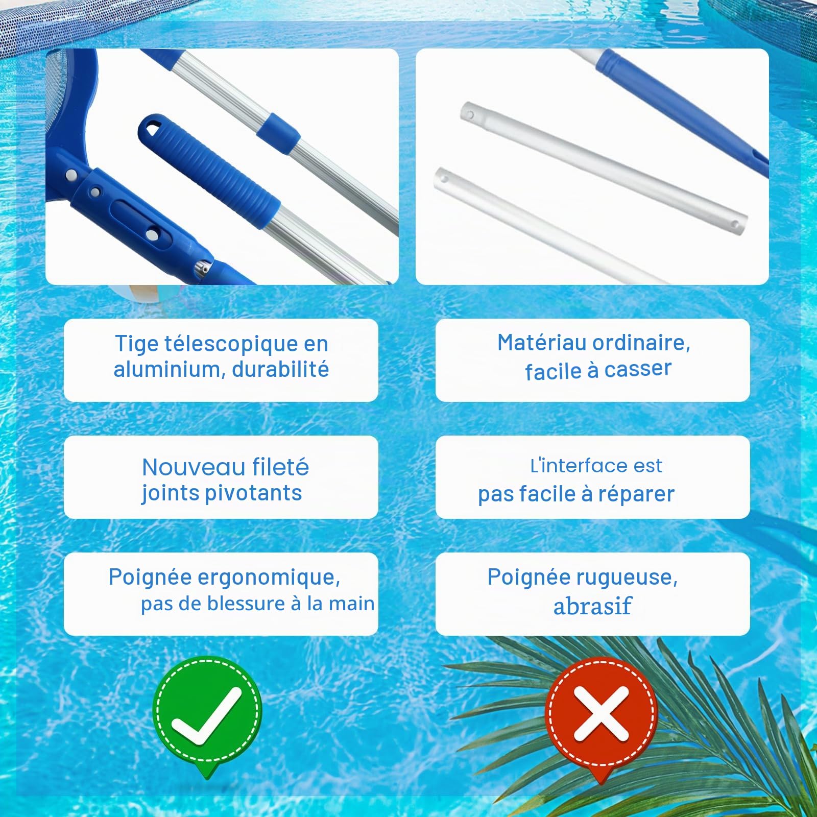 6 Pièces Kit de Piscine Nettoyage, Epuisette Piscine avec 44-88CM Télescopique Réglable, Épuisettes de Surface pour Piscine, Filet de Piscine pour Piscines, Spas, Fontaine