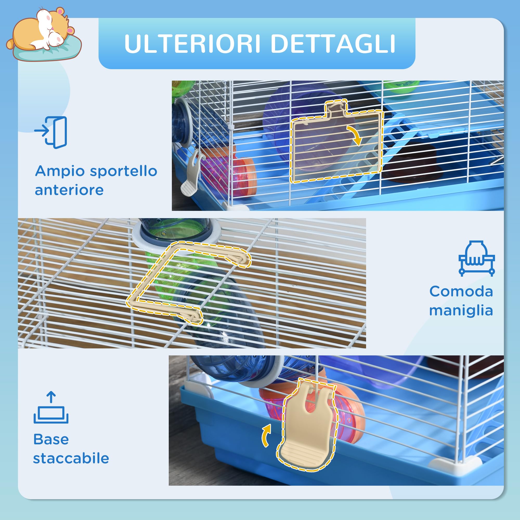 PawHut Gabbia per Criceti a 2 Livelli con Tunnel 46x30x37cm Blu e Bianca | Serbatoio per Acqua, Vassoio Rimovibile, Ruota per Criceti