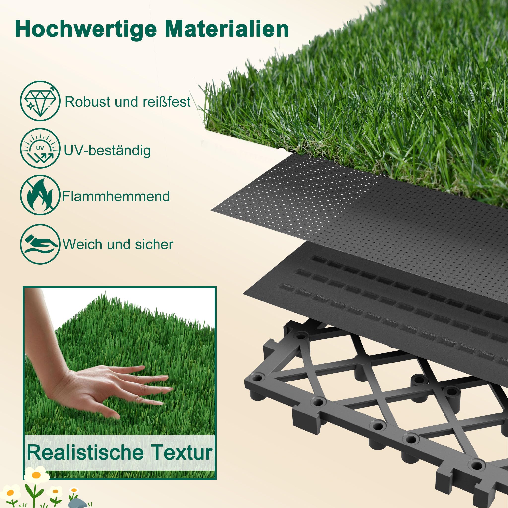 LZQ Lot de 22 tapis de gazon artificiel - 30 x 30 cm - Épaisseur totale : 4 cm - En plastique polyéthylène - Résistant aux UV - Pour jardin, balcon, pique-nique, moquette, extérieur