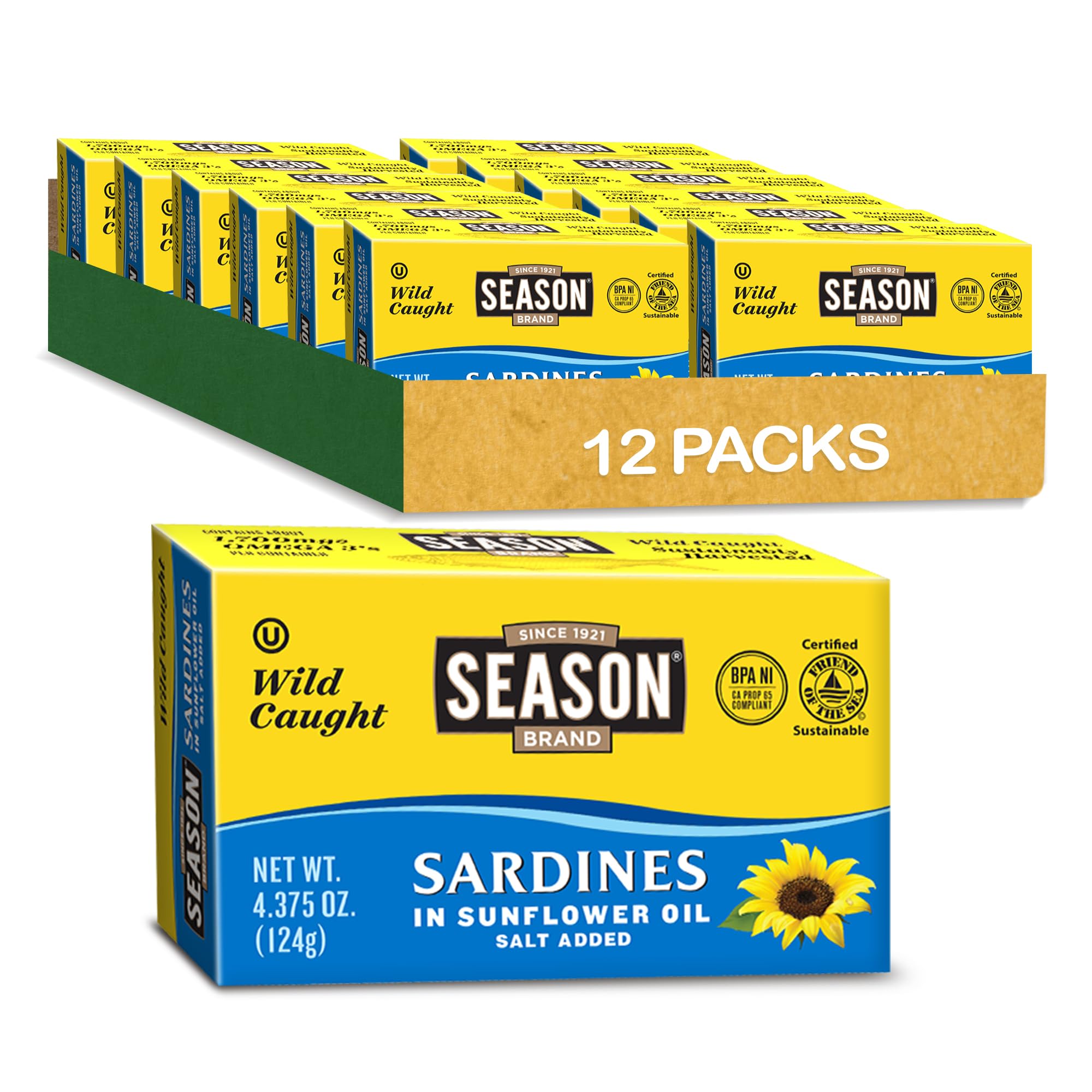 Season Sardines in Sunflower Oil - Wild Caught, 22g of Protein, Keto Snacks, More Omega 3's Than Tuna, Kosher, High in Calcium, Canned Sardines - 4.37 Oz, 12-Pack