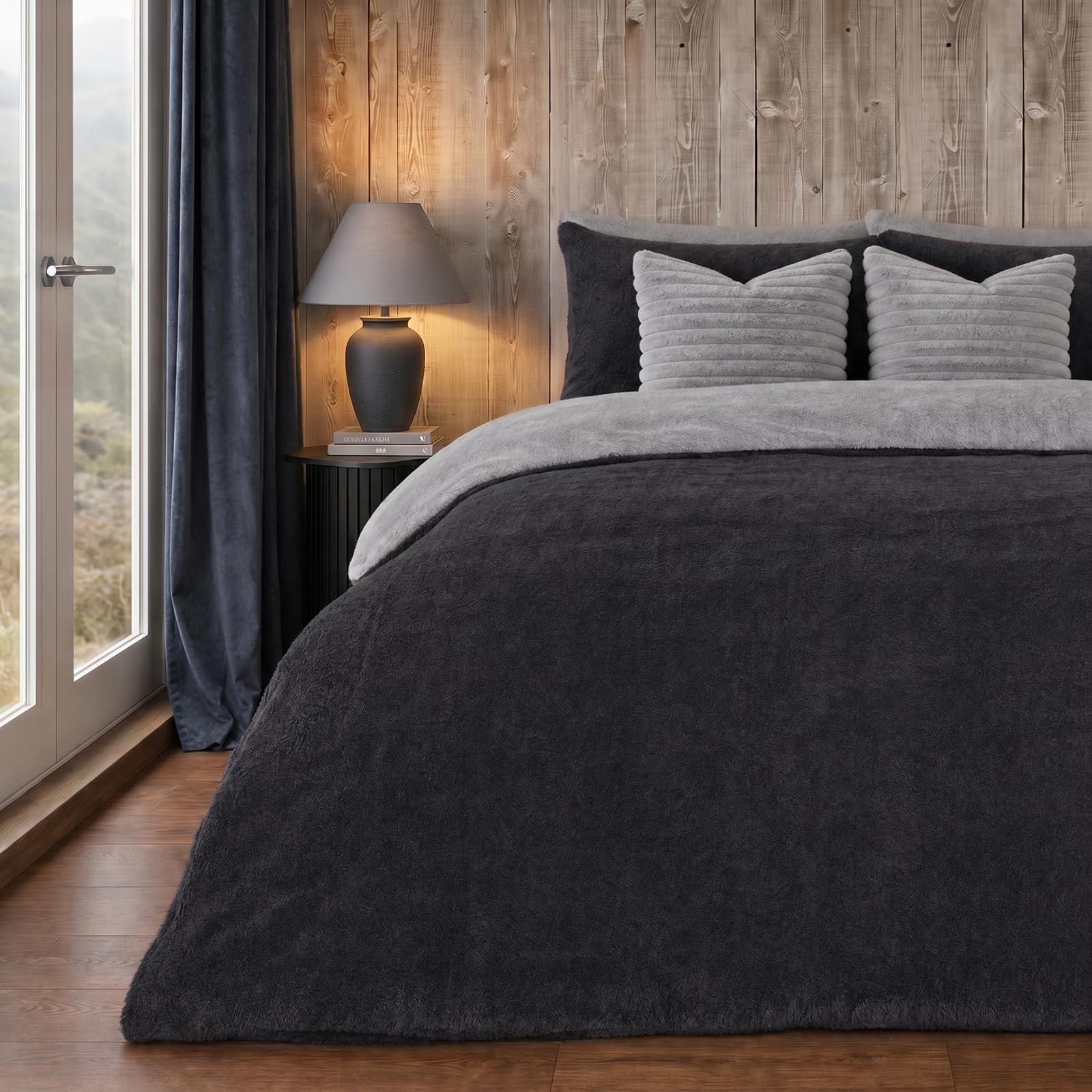 Teddy Fleece Reversible Duvet Set - Grey / King